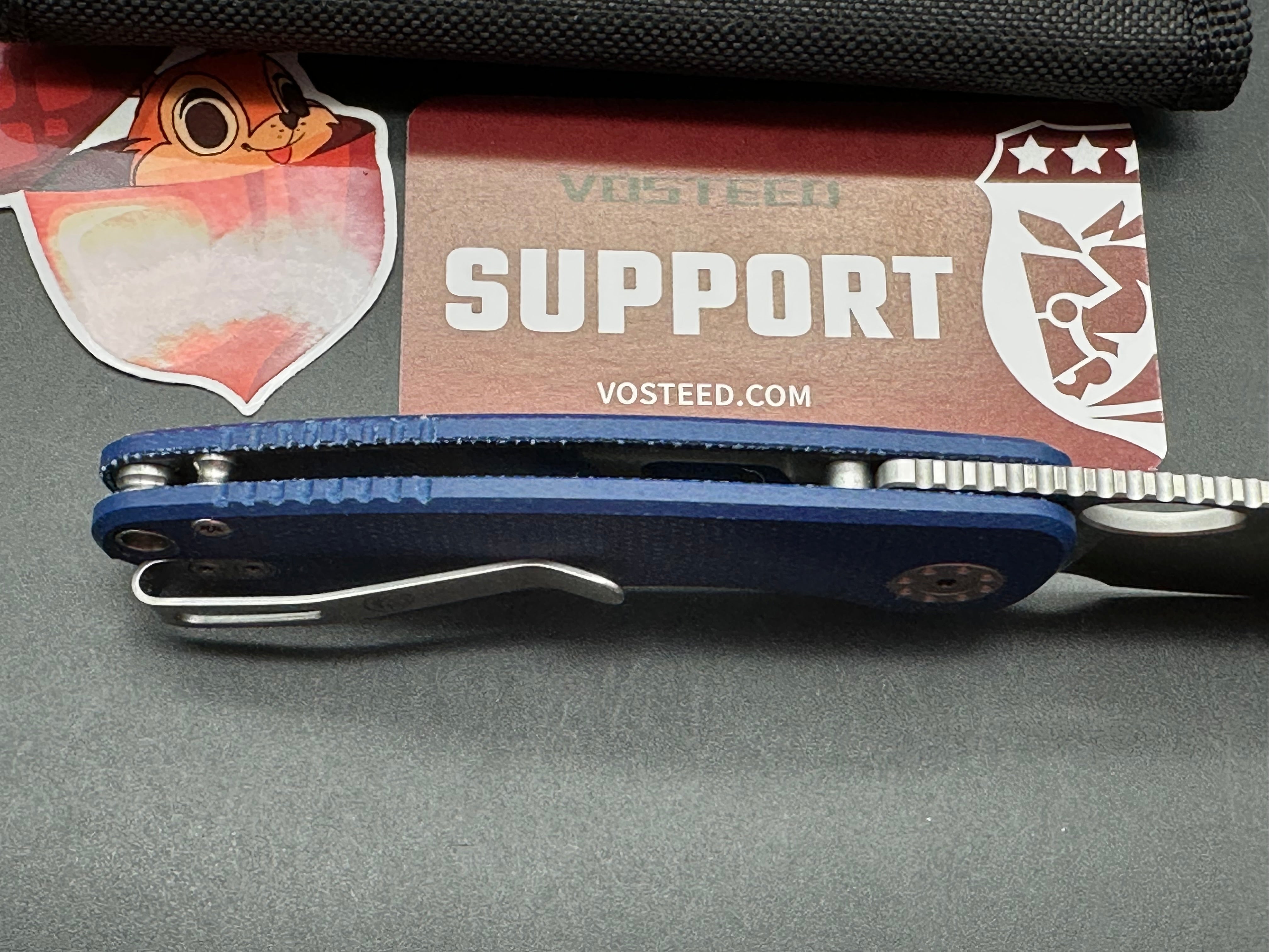 Vosteed Acorn, 2.93" 14C28N Satin Blade with Blue Canvas Micarta Scales