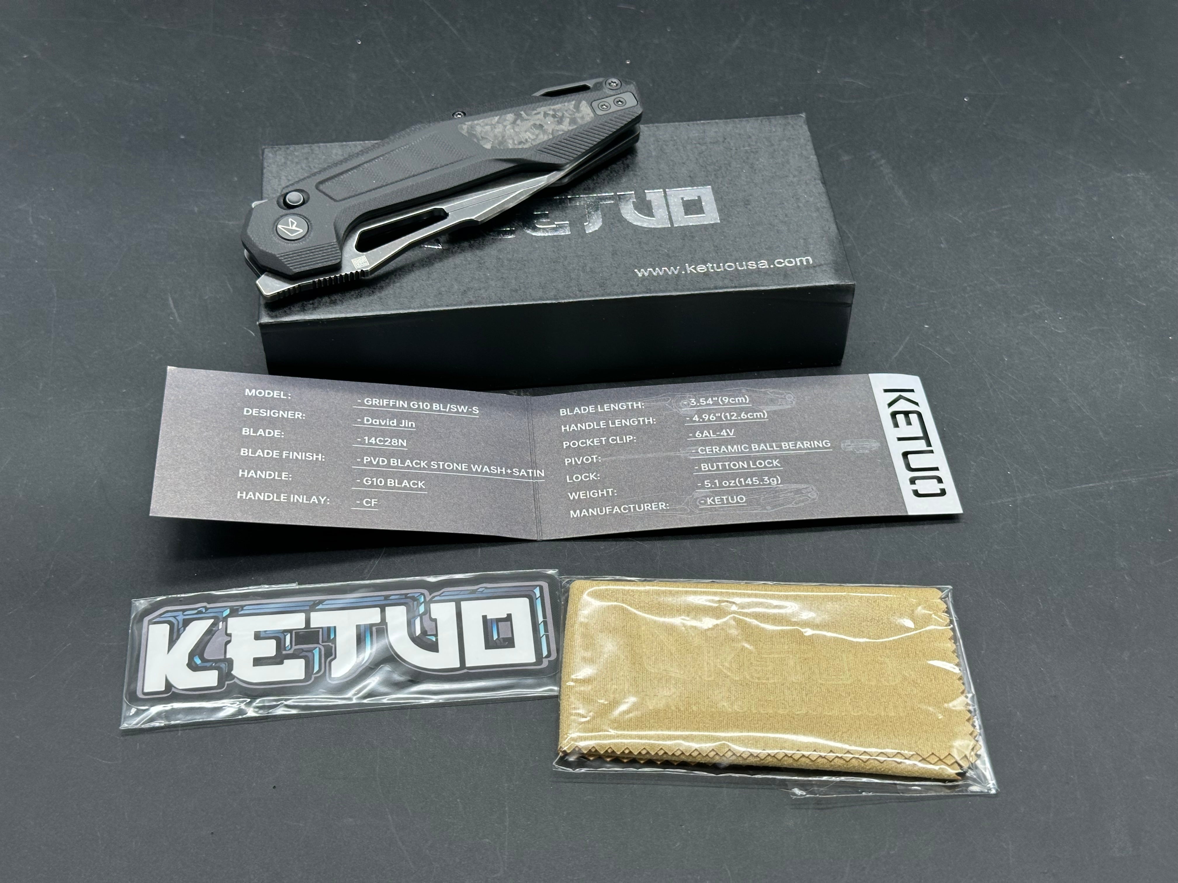 Ketuo Knife - Griffin G10/Black G-10 Scales + Shred Carbon Fiber Inlays w/Black Backspacer & Liners/Harpoon/Blackwash 14C28N