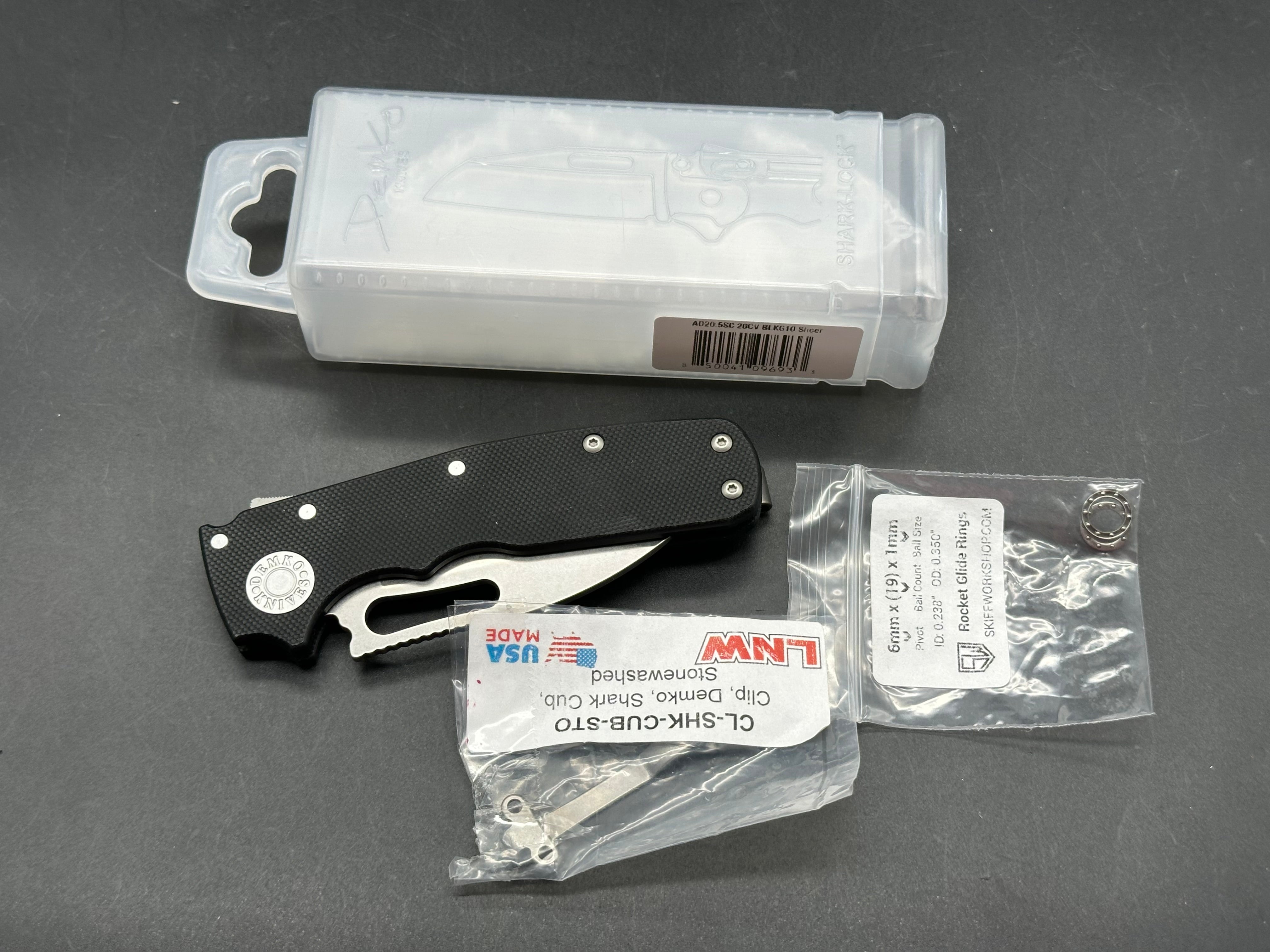 Demko Shark Cub Slicer, 2.75" CPM 20CV Stonewash Blade with Black G10 Scales plus Lynch NW Titanium Pocket Clip