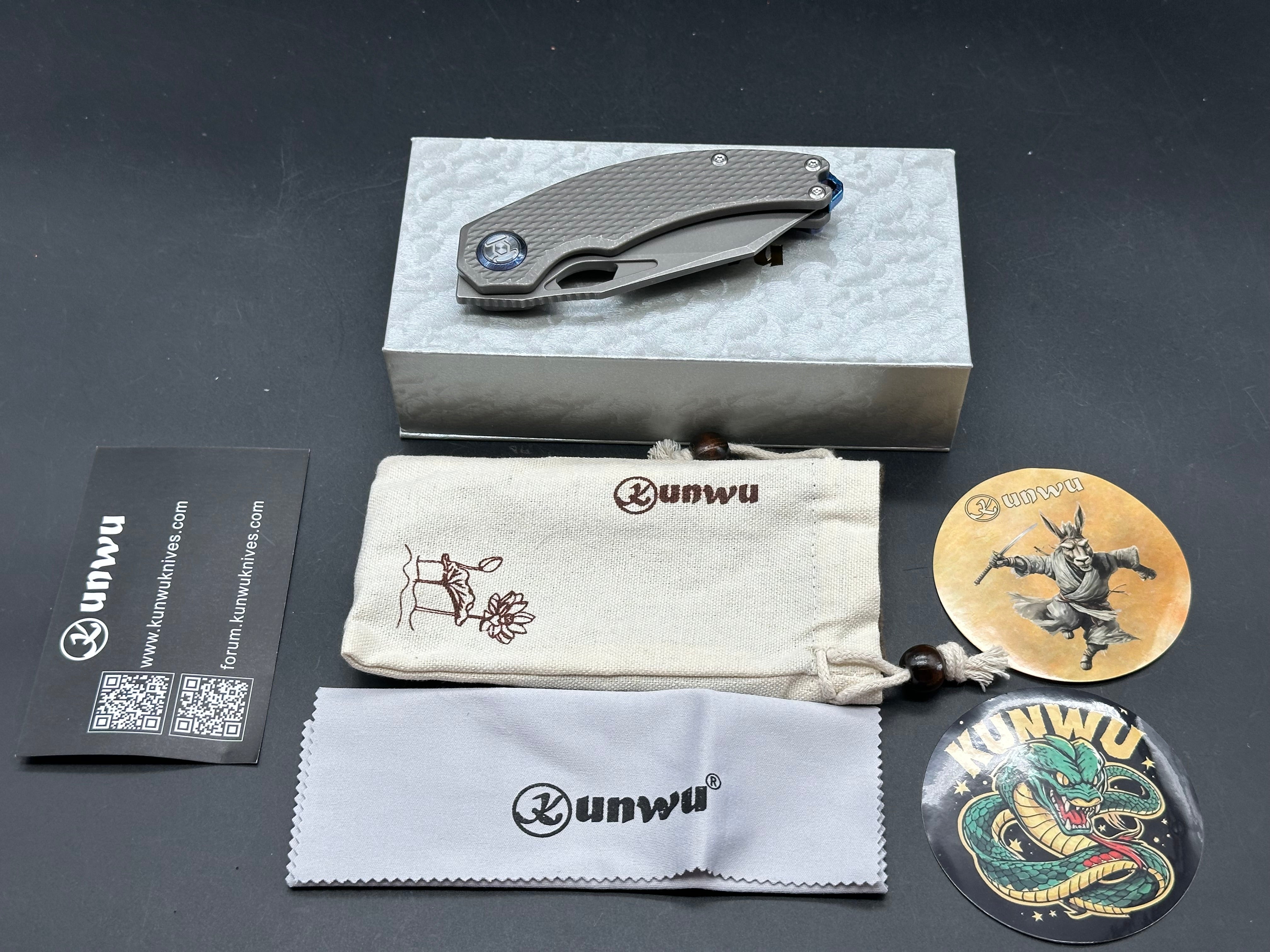 Kunwu Compadre, 2.95" Vanax SuperClean Blade with Stonewash Titanium plus Timascus Back Spacer and Timascus Pocket Clip