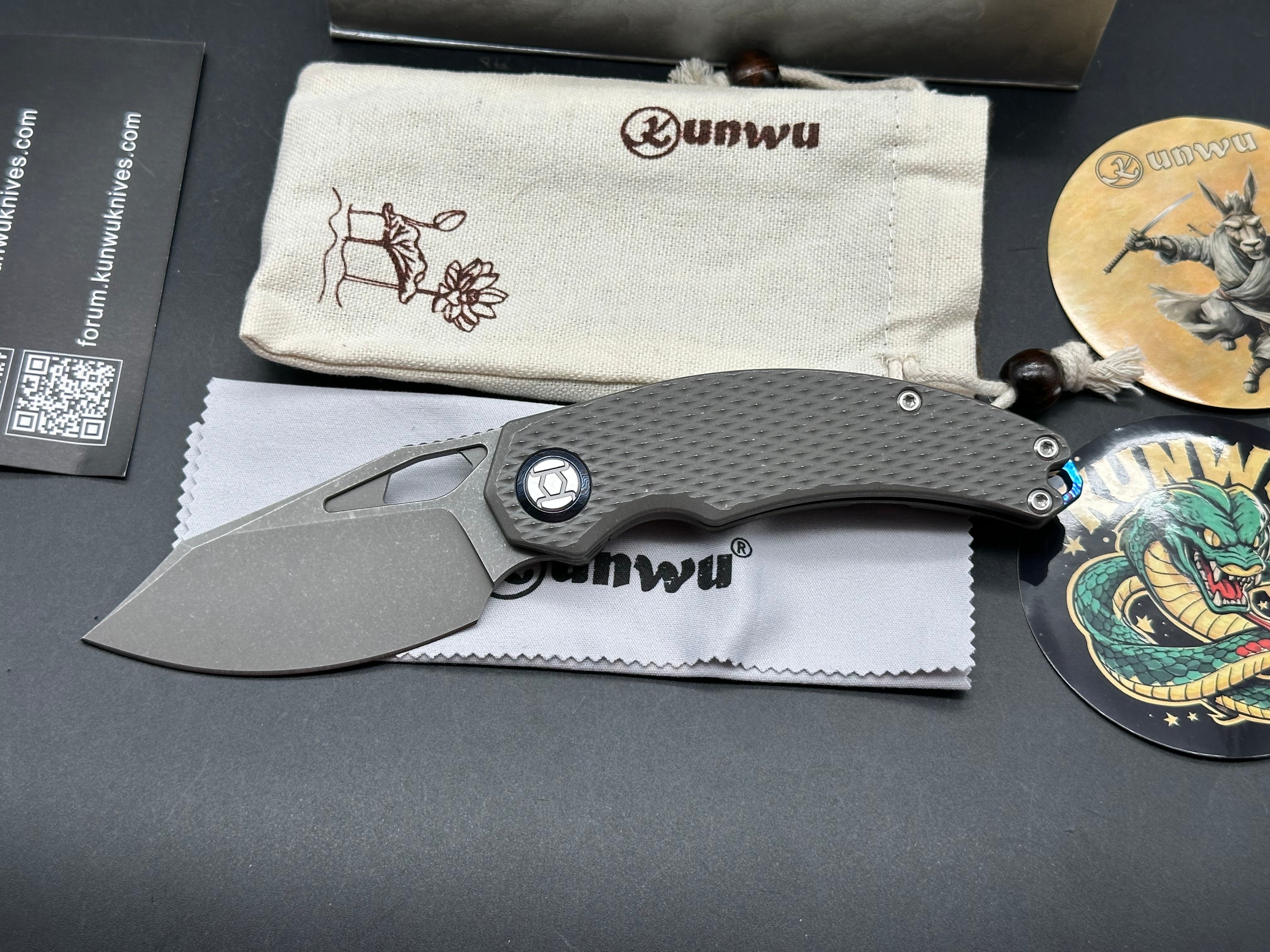 Kunwu Compadre, 2.95" Vanax SuperClean Blade with Stonewash Titanium plus Timascus Back Spacer and Timascus Pocket Clip