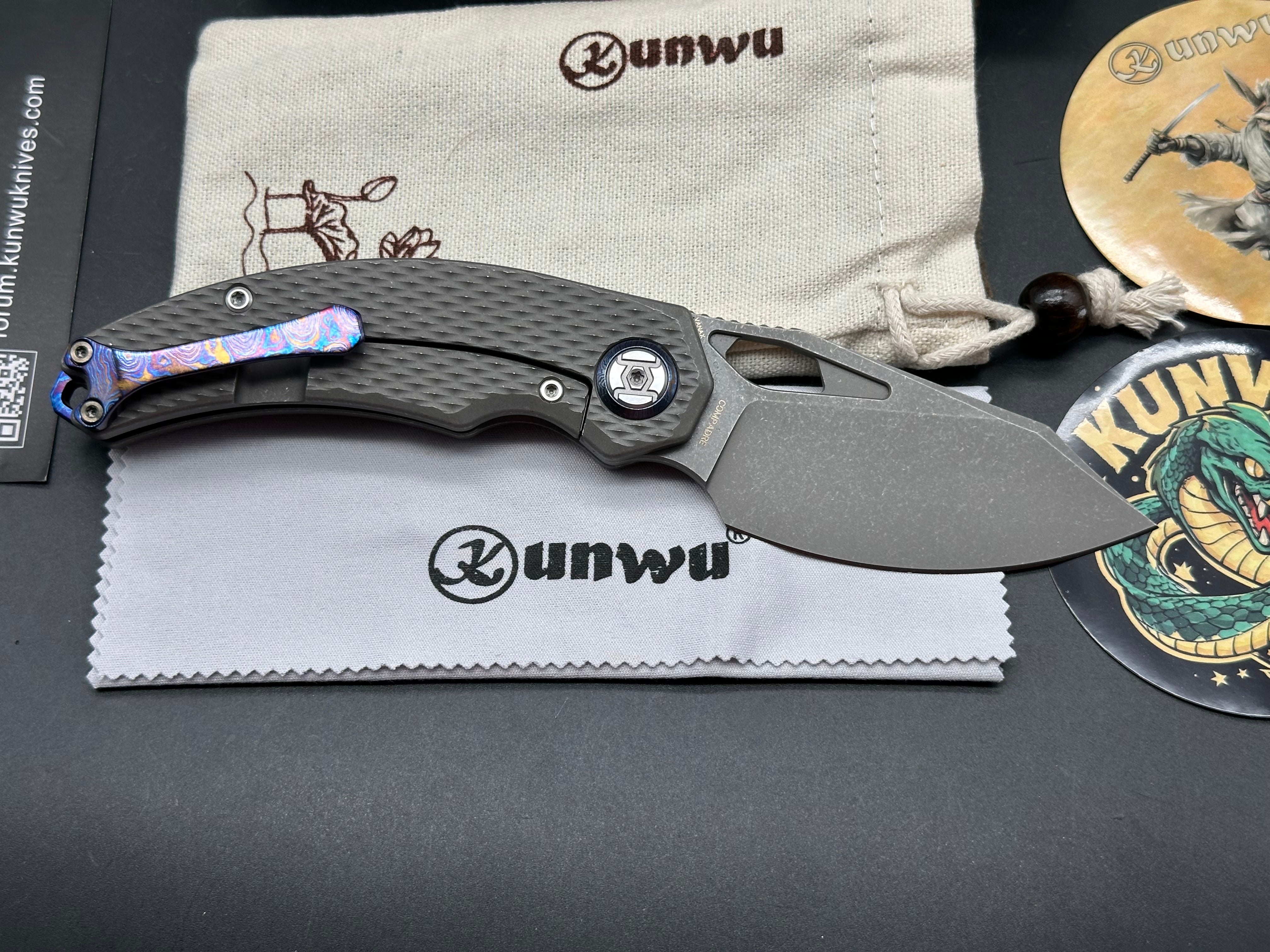 Kunwu Compadre, 2.95" Vanax SuperClean Blade with Stonewash Titanium plus Timascus Back Spacer and Timascus Pocket Clip