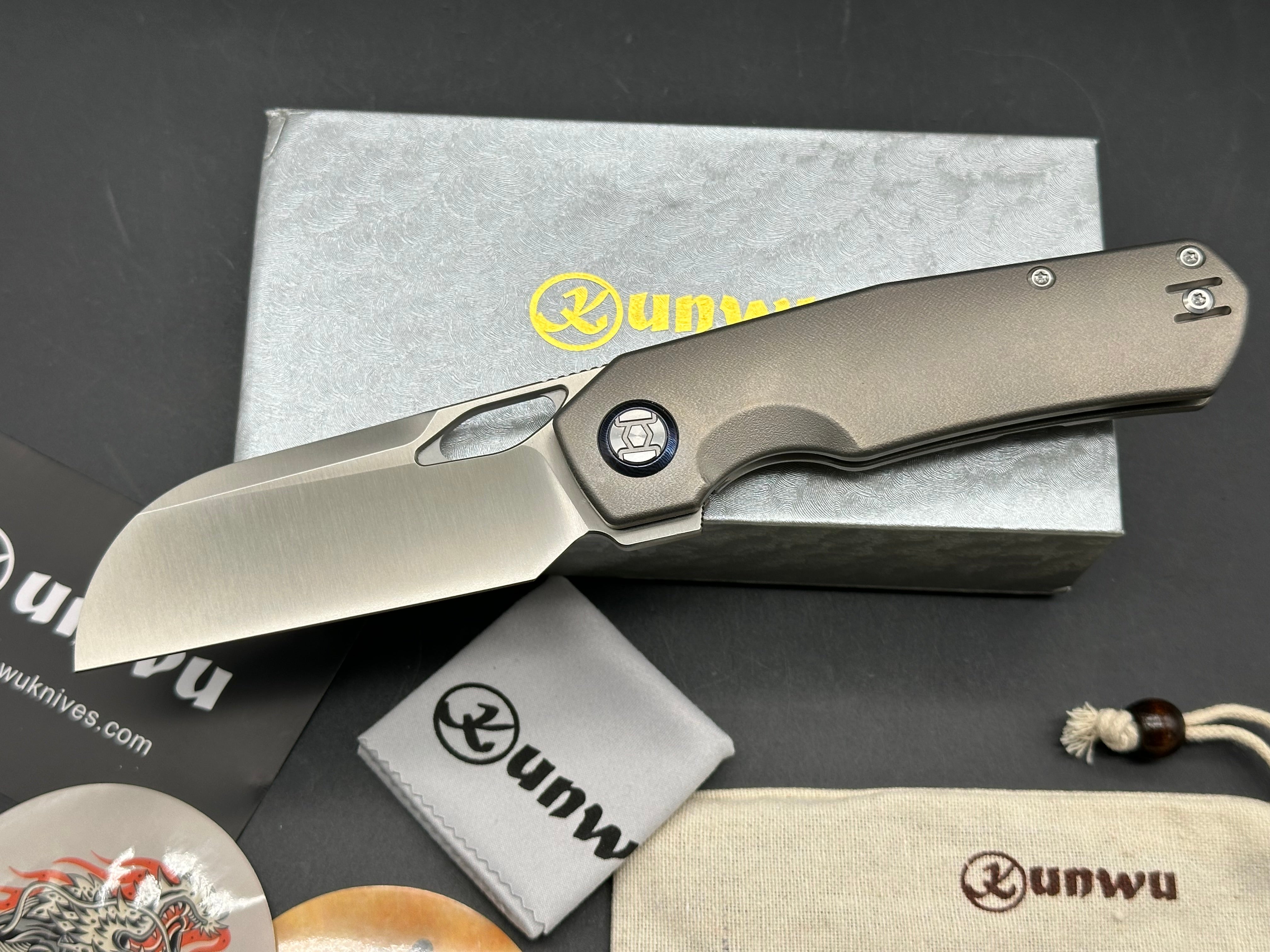 Kunwu S-Tao II (S703L-T2), Satin Vanax Blade, Contoured Ti Handles with Orange Peel Texture, Timascus Pivot Collars, Contoured Ti Pocket Clip