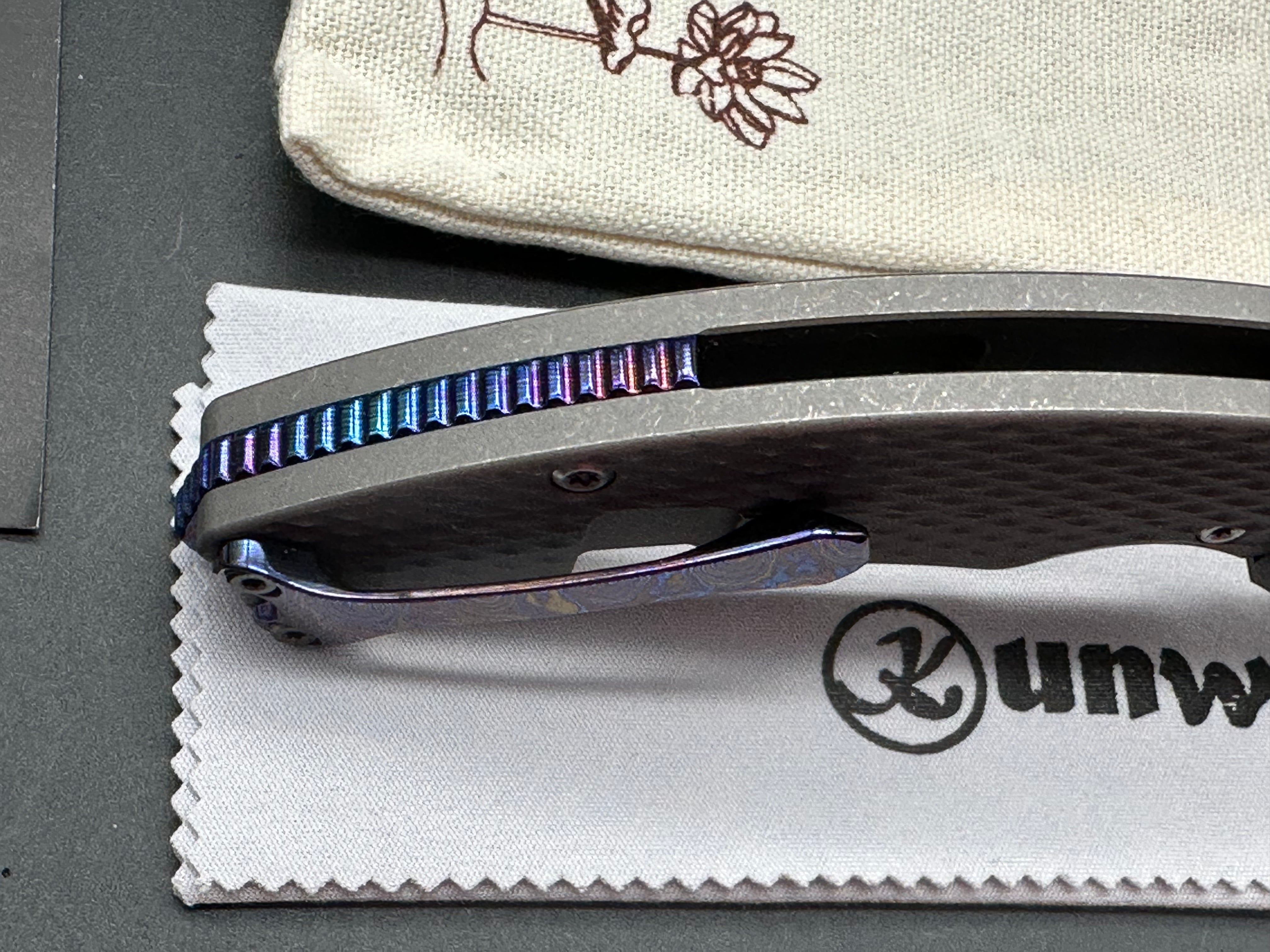 Kunwu Compadre, 2.95" Vanax SuperClean Blade with Stonewash Titanium plus Timascus Back Spacer and Timascus Pocket Clip