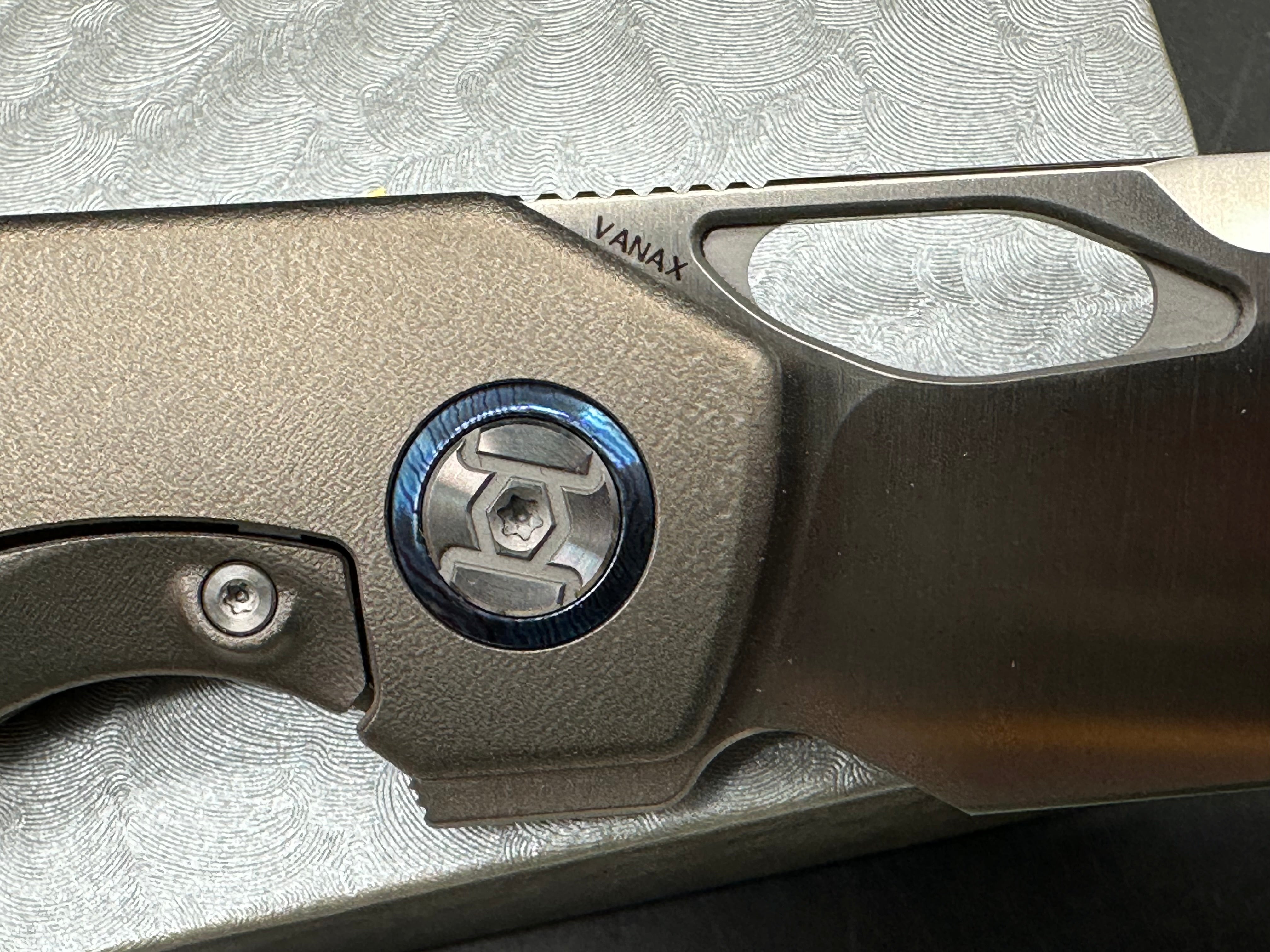 Kunwu S-Tao II (S703L-T2), Satin Vanax Blade, Contoured Ti Handles with Orange Peel Texture, Timascus Pivot Collars, Contoured Ti Pocket Clip