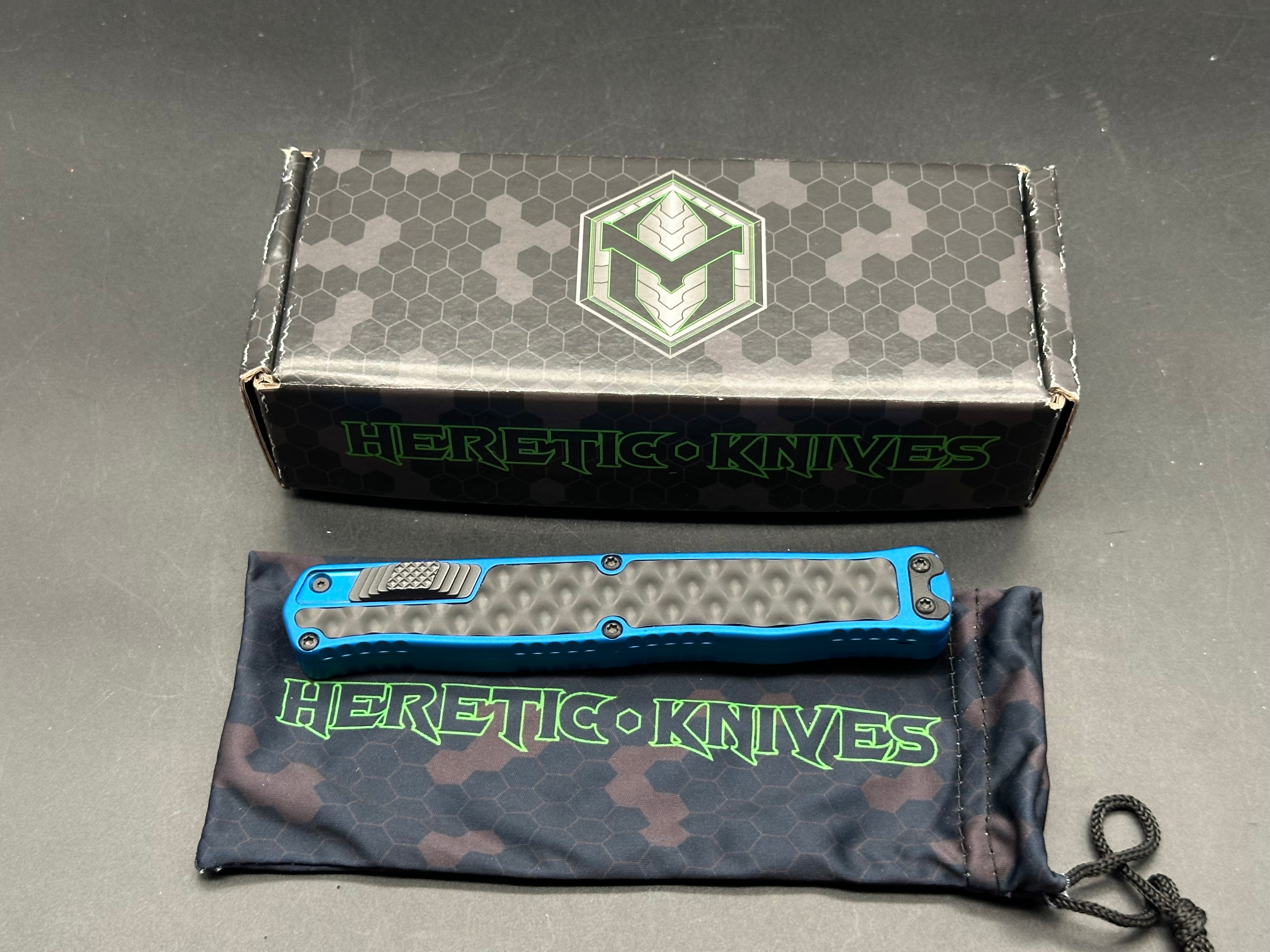 Heretic Knives Cleric 2 OTF blue aluminum handle w/stainless black bubble inlays and black magnacut blade