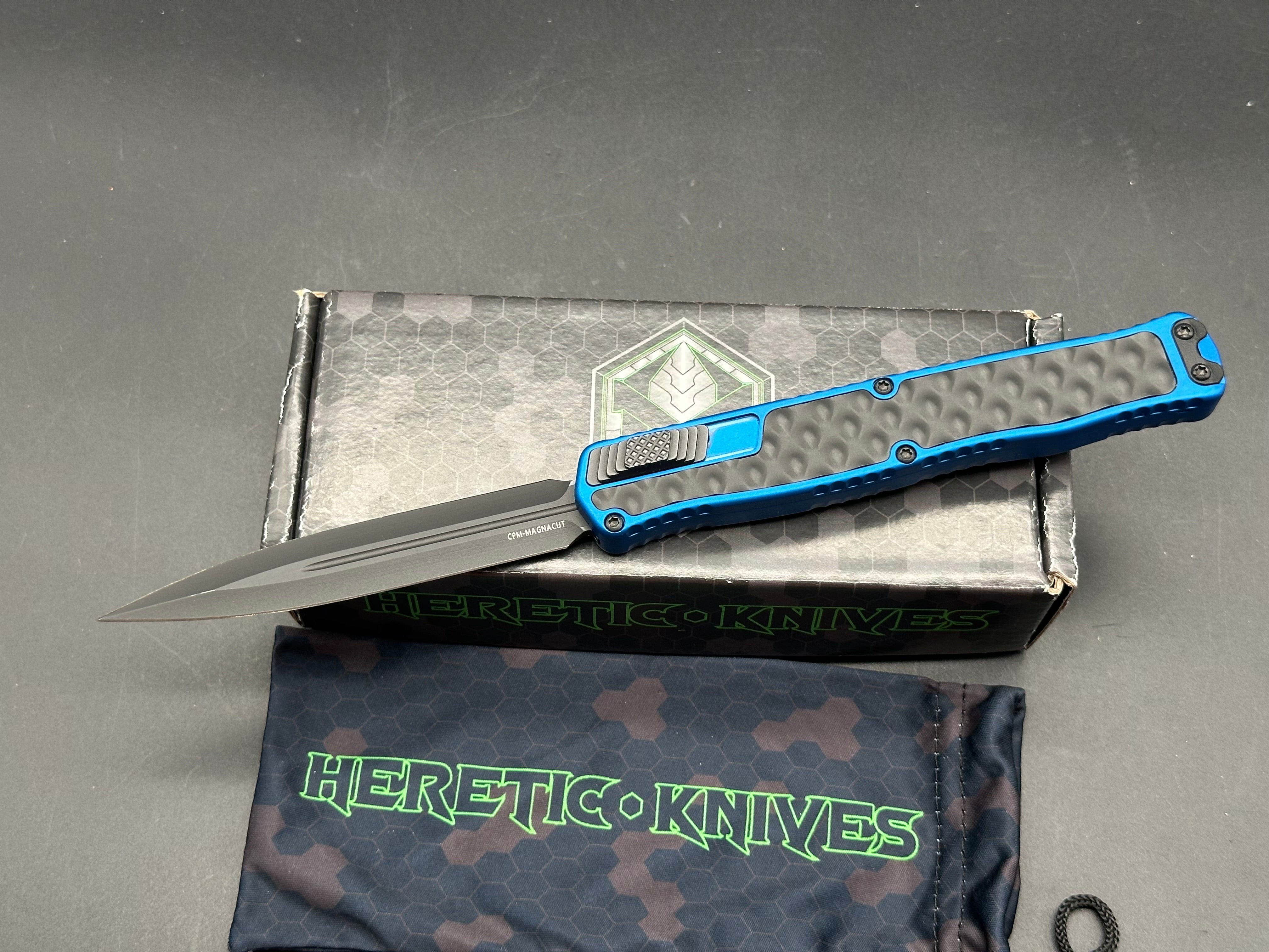 Heretic Knives Cleric 2 OTF blue aluminum handle w/stainless black bubble inlays and black magnacut blade