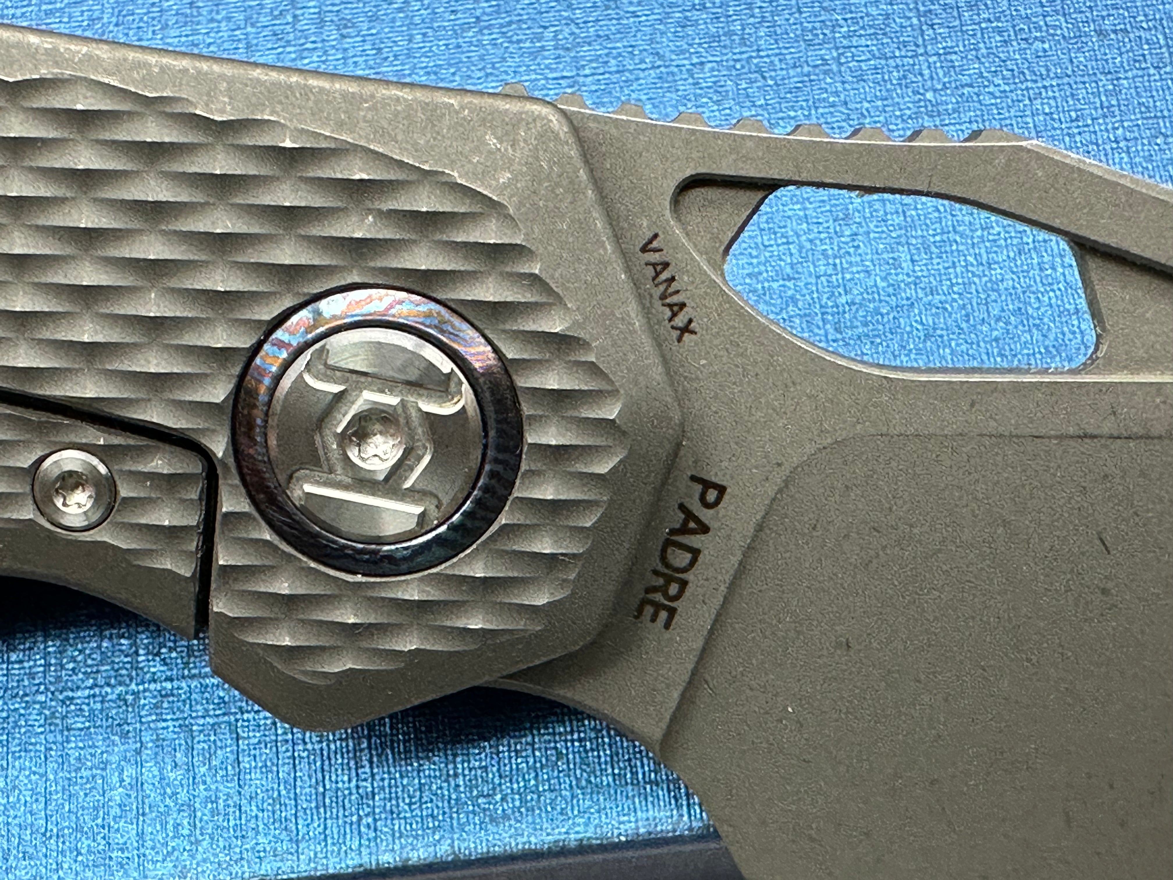 Kunwu Padre (K706T-1), Stonewashed Vanax Blade, Stonewashed Ti Handles with Diamond Texture, Timascus Pivot Collars