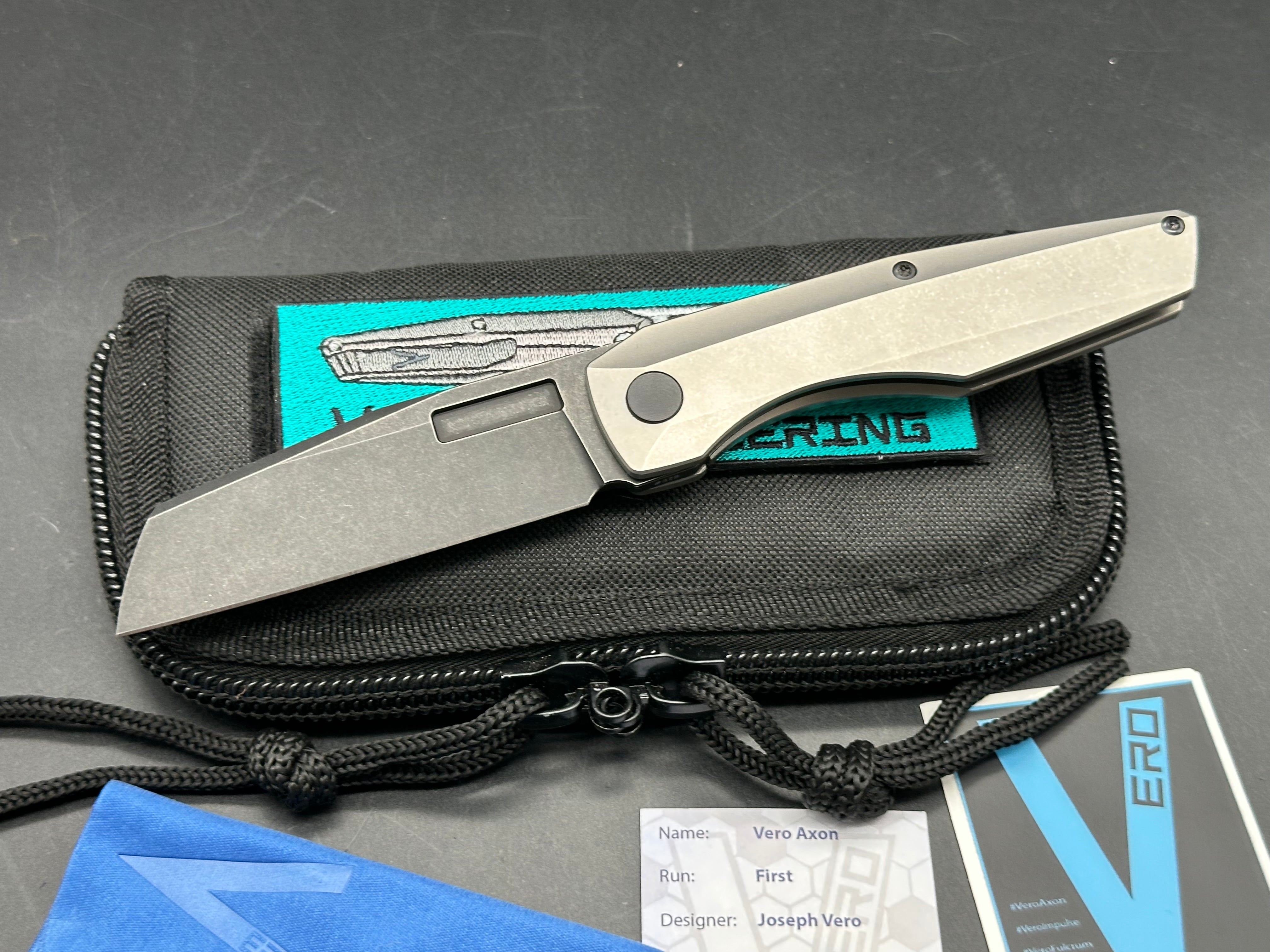 Vero Axon Frame Lock #378 First Run, Blackwashed M390 Blade, Stonewashed Ti Handles, Blackwashed Ti Backspacer