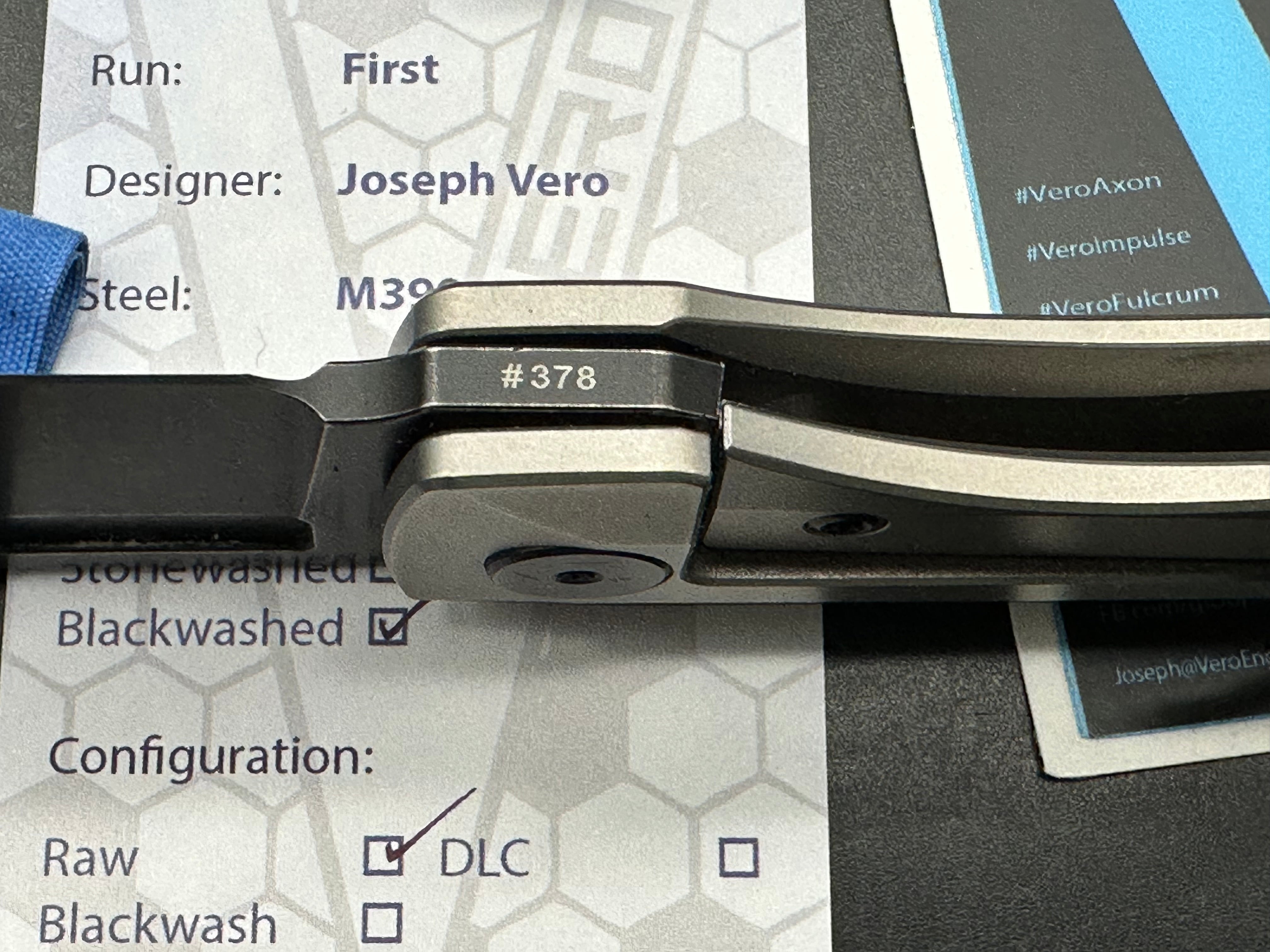 Vero Axon Frame Lock #378 First Run, Blackwashed M390 Blade, Stonewashed Ti Handles, Blackwashed Ti Backspacer