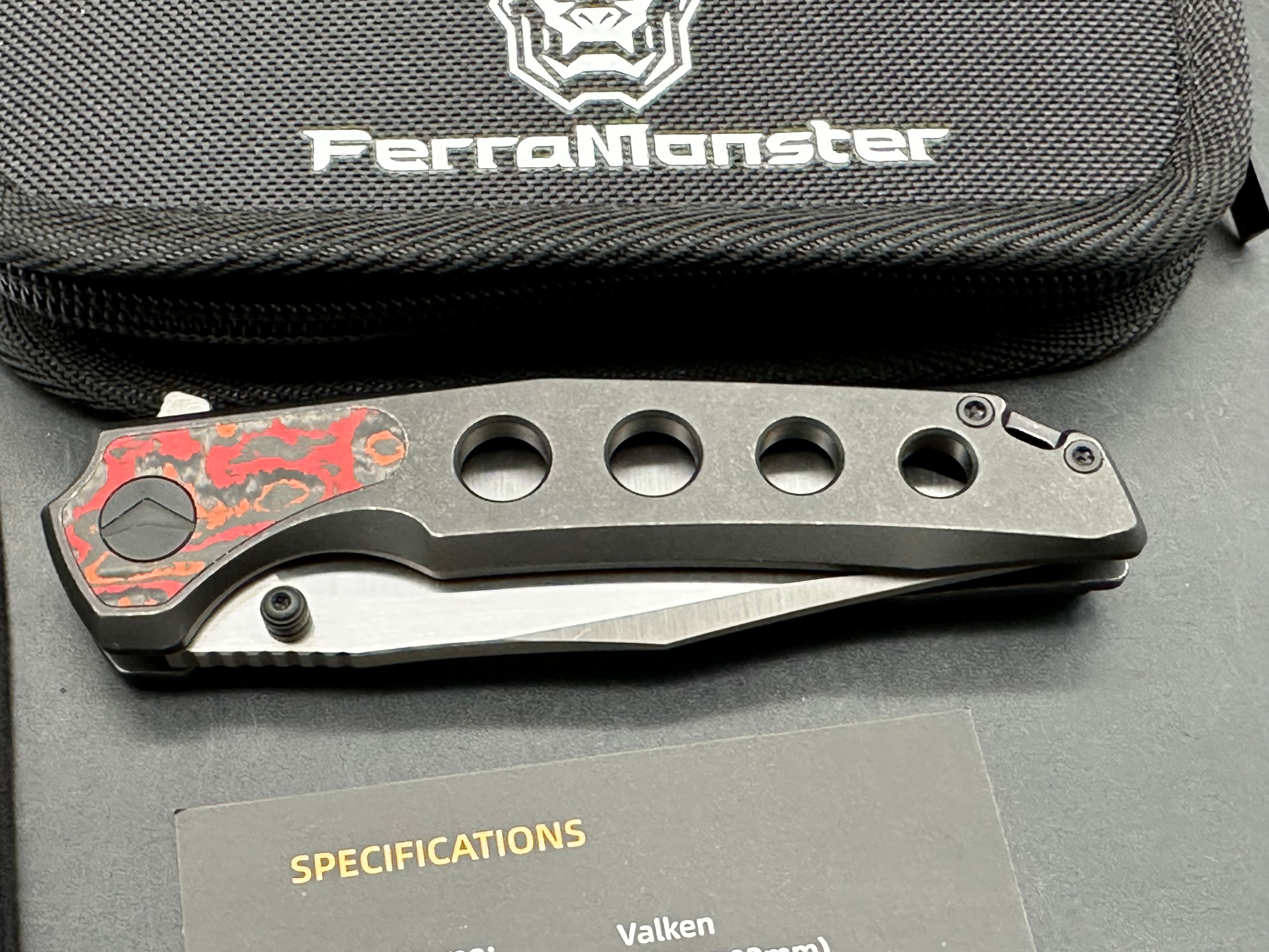 Ferramonster Valken (FM23005-C), Belt Satin M390 Blade, Blackwashed Titanium Handles with Mars Valley Fat Carbon Fiber Inlays