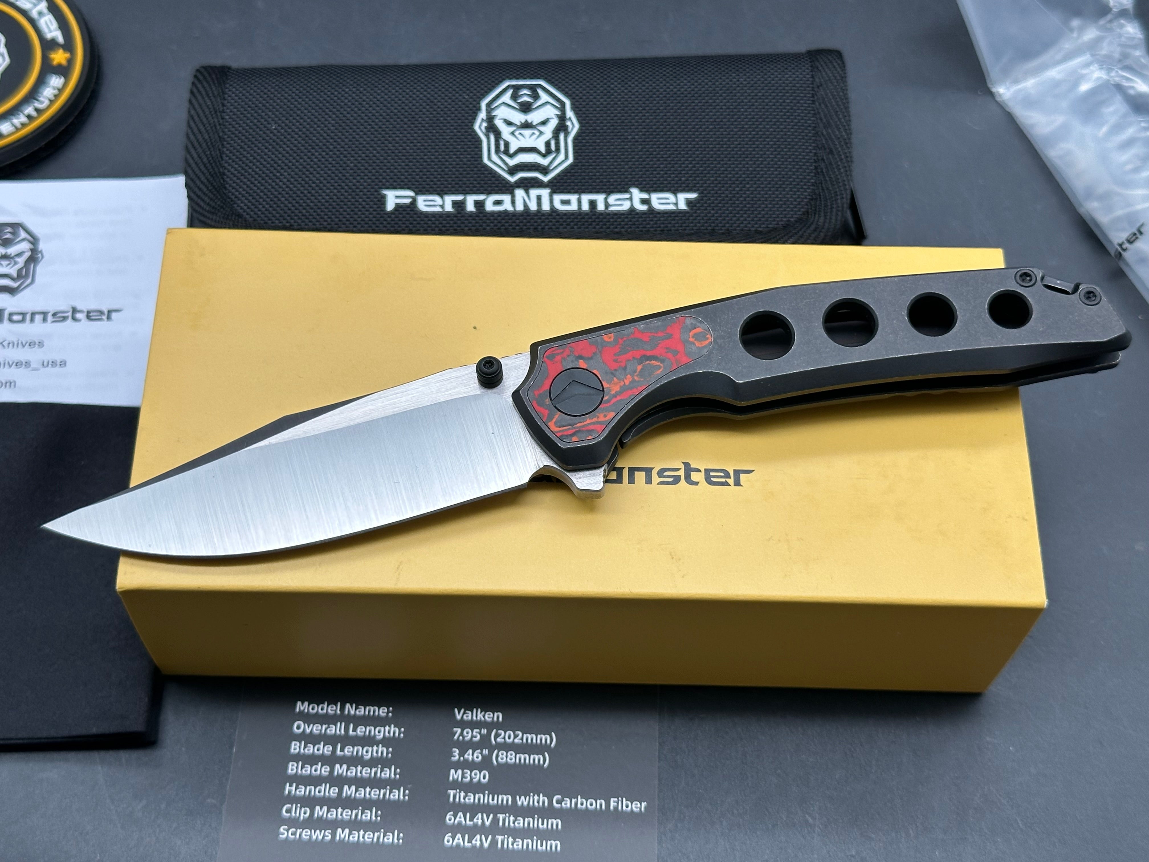 Ferramonster Valken (FM23005-C), Belt Satin M390 Blade, Blackwashed Titanium Handles with Mars Valley Fat Carbon Fiber Inlays