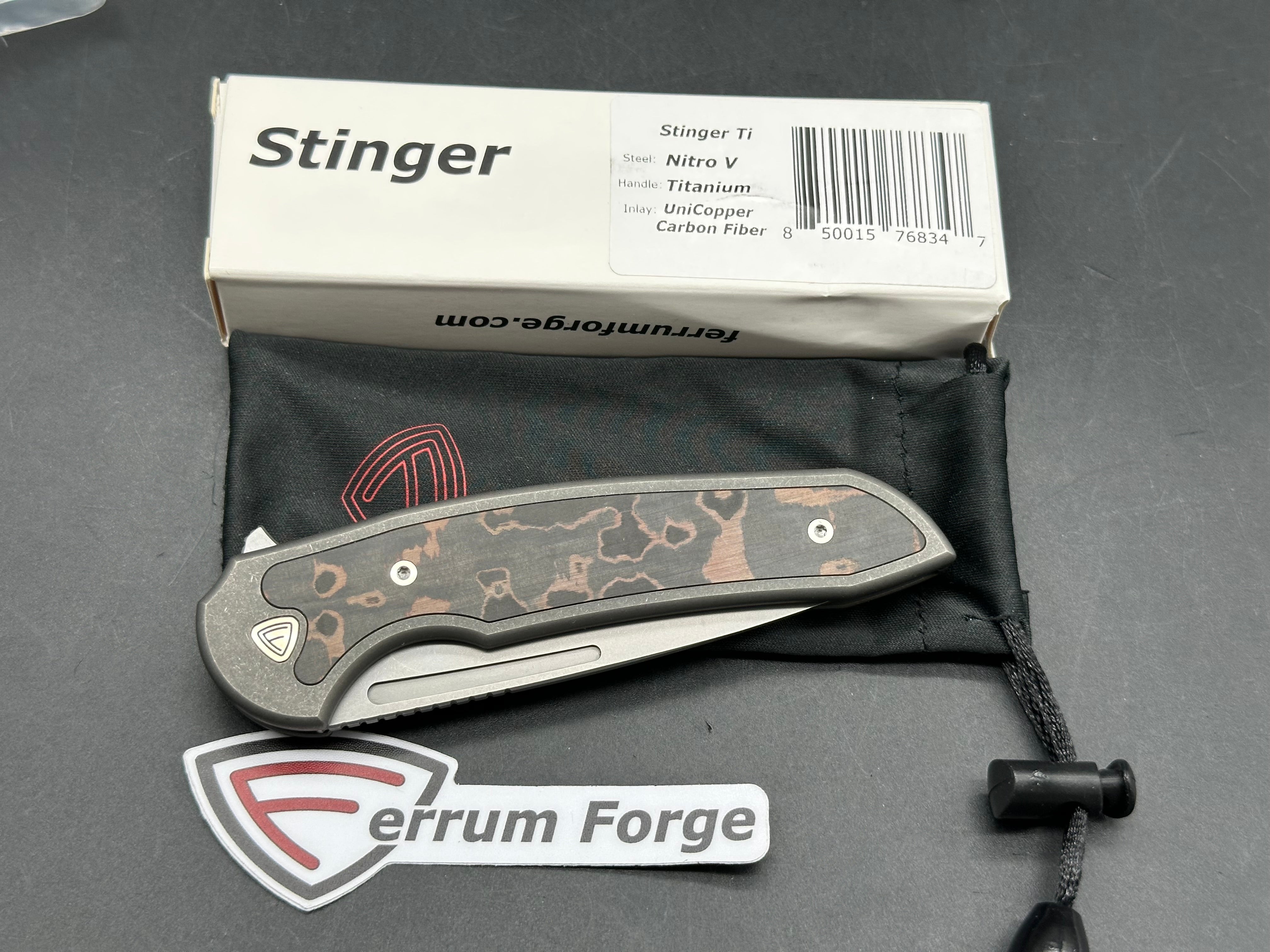 Ferrum Forge Stinger Titanium Framelock, Stonewashed Nitro-V Blade, Dark Stonewashed Titanium Handles with UniCopper Carbon Fiber Inlay