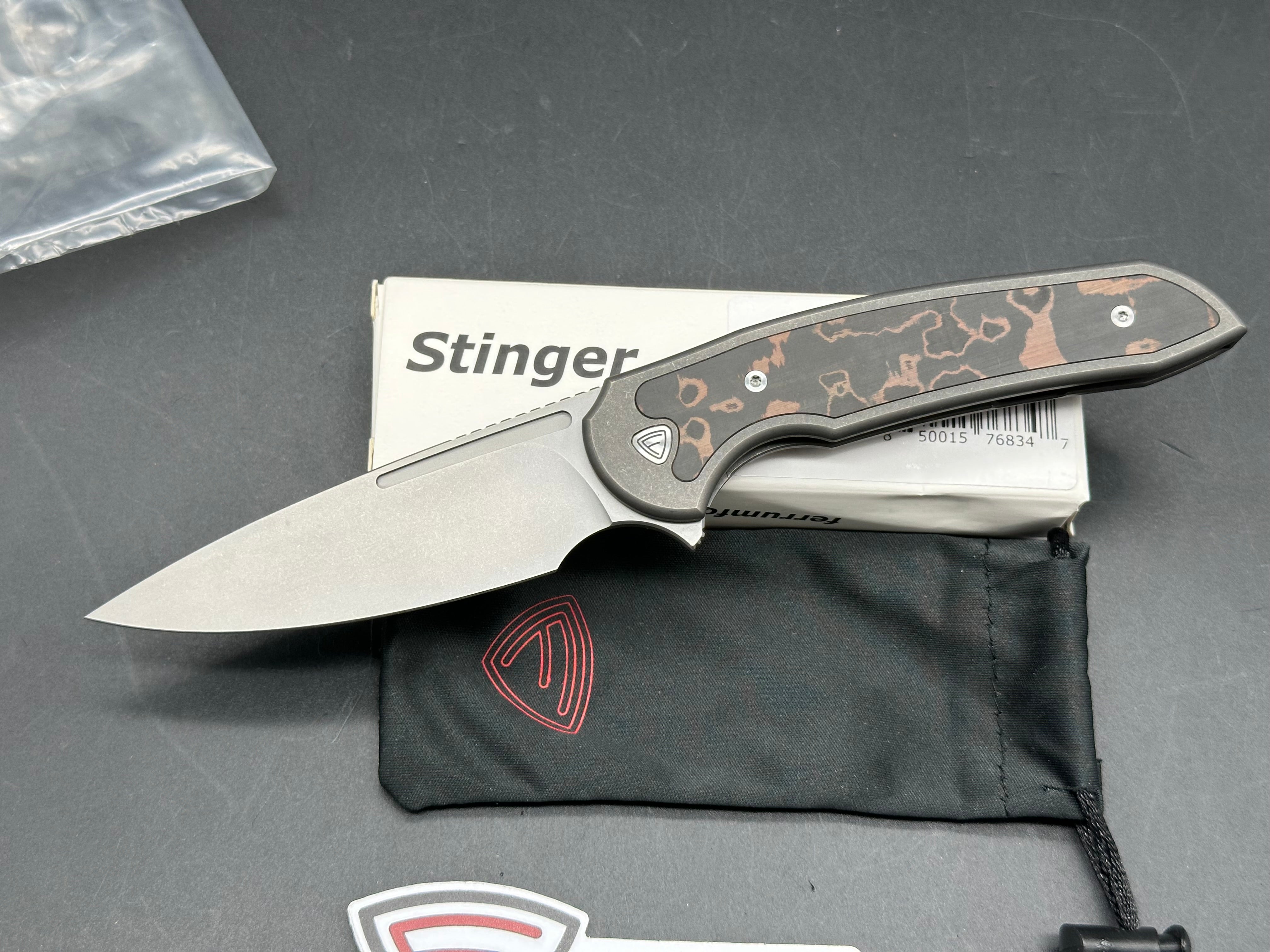Ferrum Forge Stinger Titanium Framelock, Stonewashed Nitro-V Blade, Dark Stonewashed Titanium Handles with UniCopper Carbon Fiber Inlay