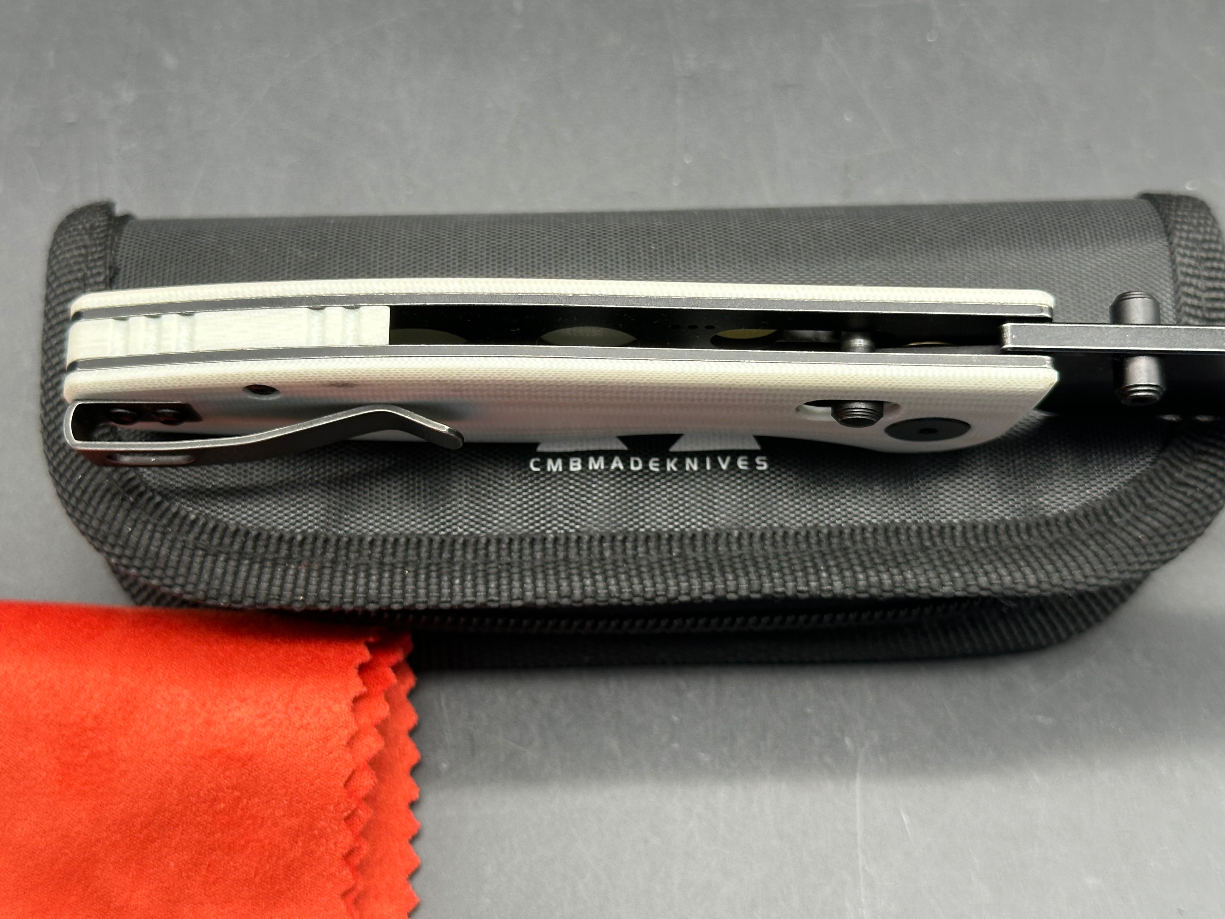 CMB PREDATOR FOLDING KNIFE WHITE G10 HANDLE 14C28N PLAIN EDGE BLACK STONEWASH FINISH