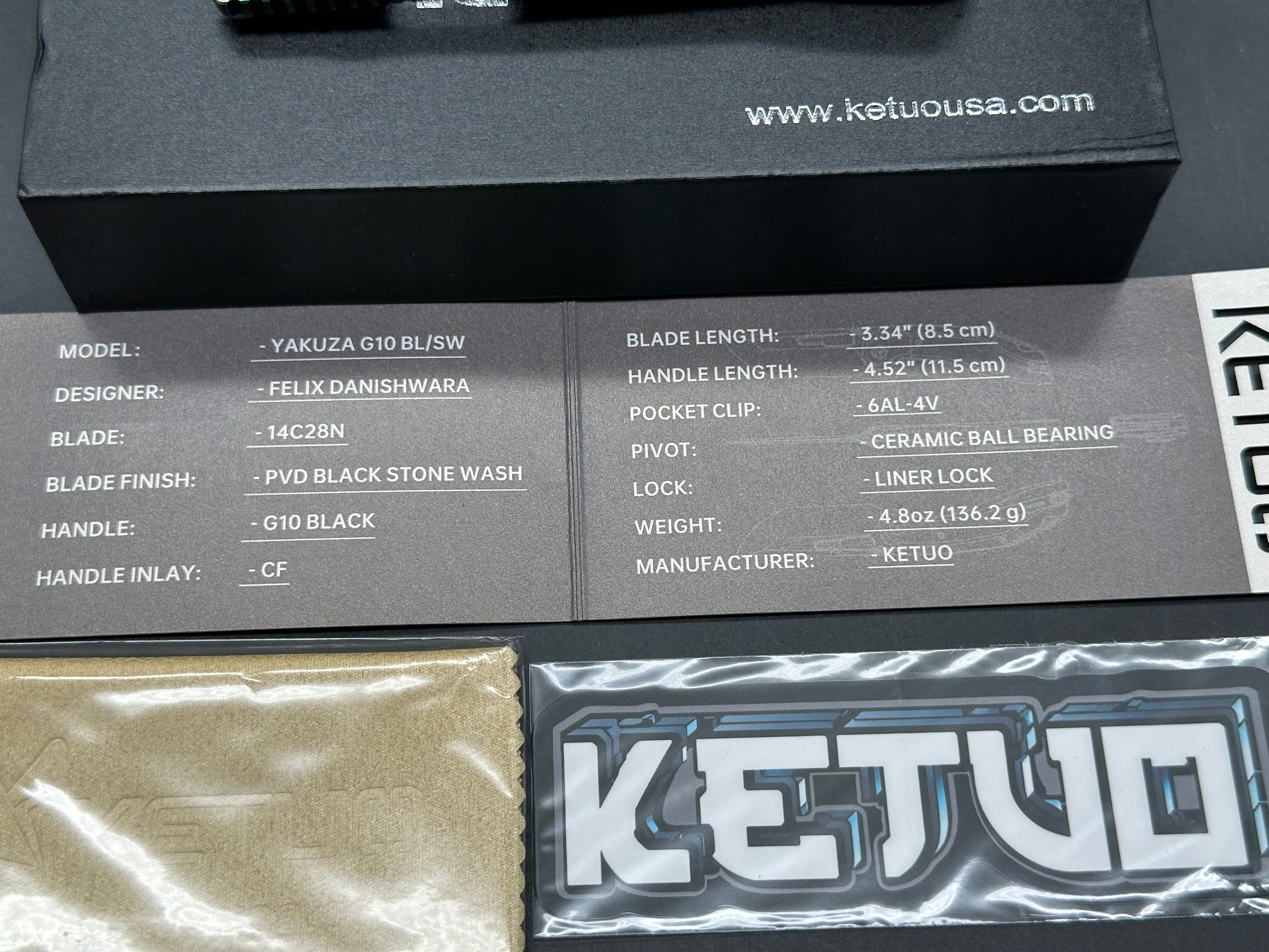 Ketuo Yakuza G-10 V2, Blackwashed 14C28N Blade, Black G-10 Handles with Carbon Fiber Bolsters