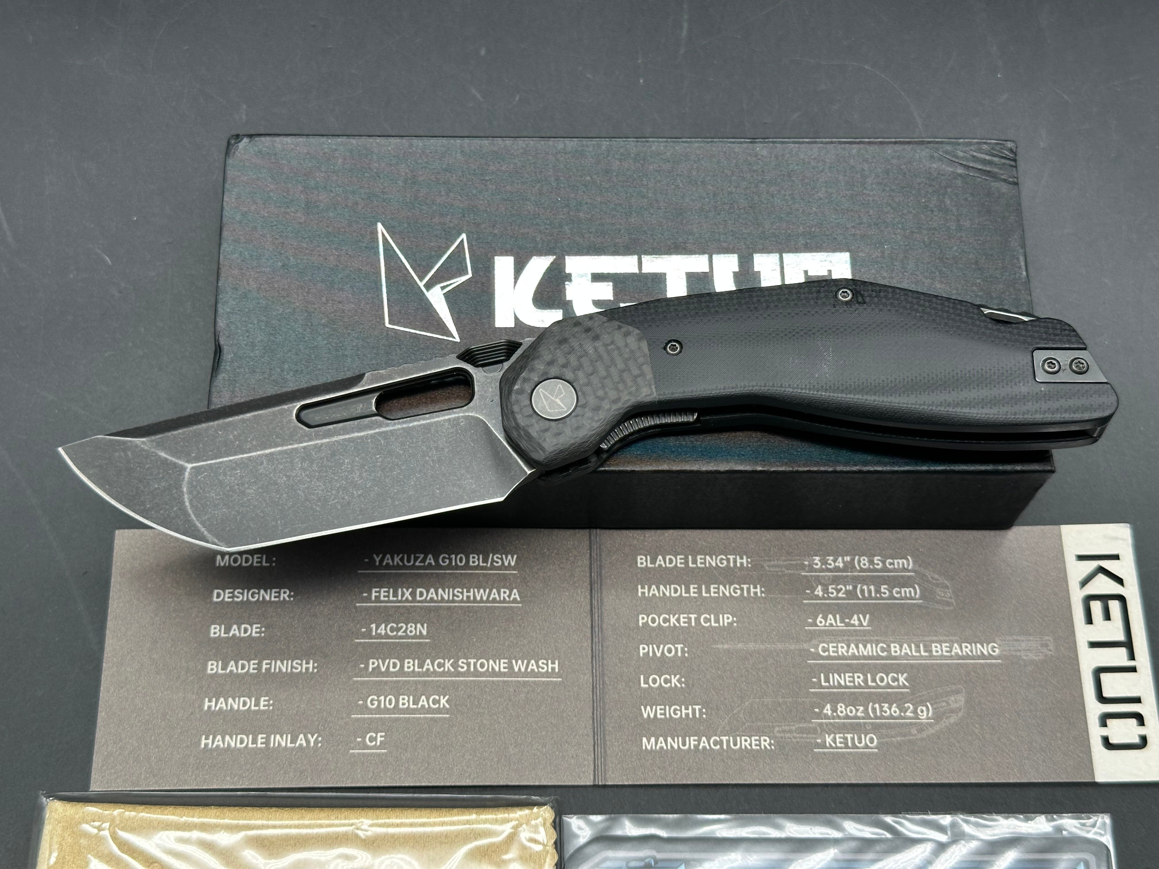 Ketuo Yakuza G-10 V2, Blackwashed 14C28N Blade, Black G-10 Handles with Carbon Fiber Bolsters