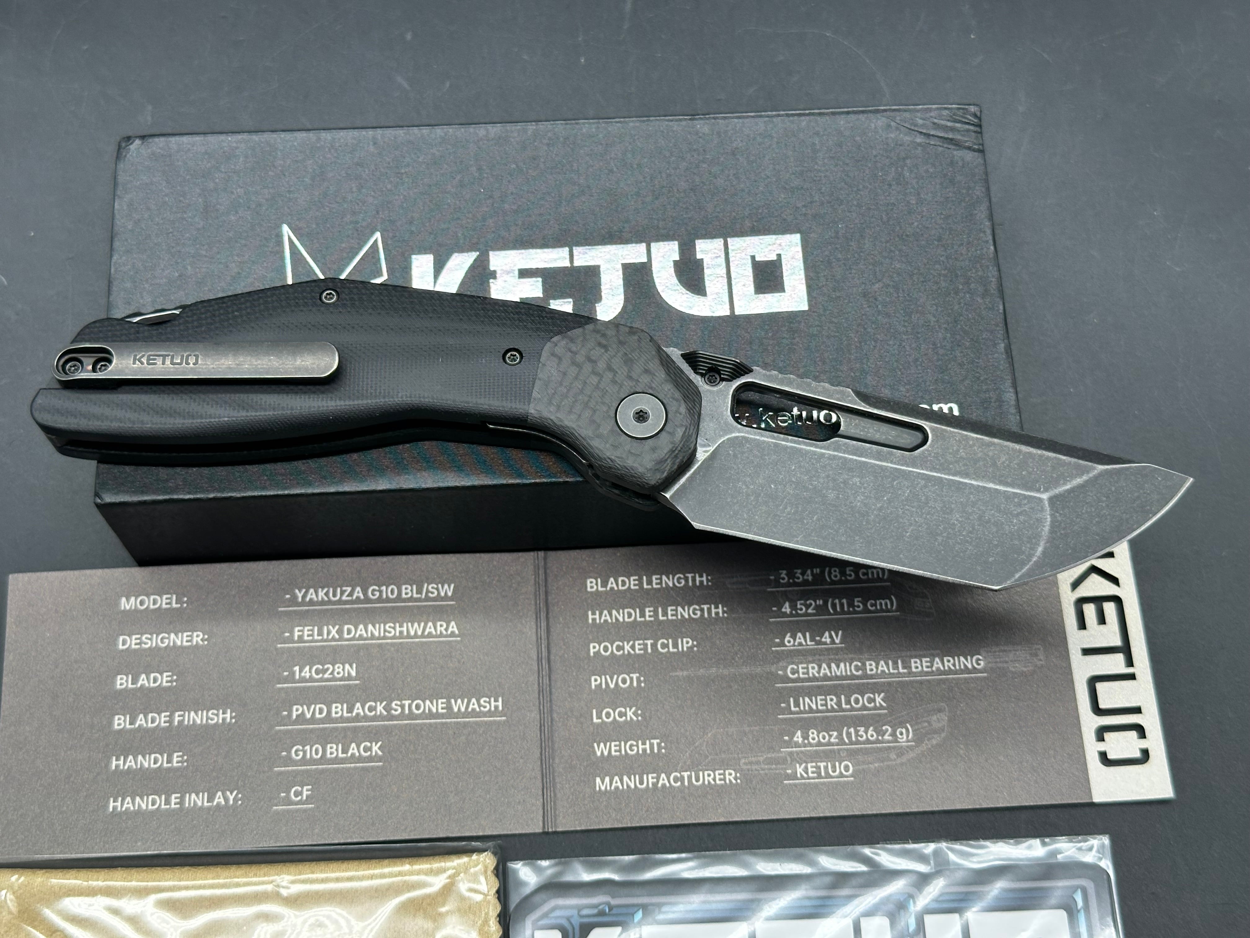 Ketuo Yakuza G-10 V2, Blackwashed 14C28N Blade, Black G-10 Handles with Carbon Fiber Bolsters