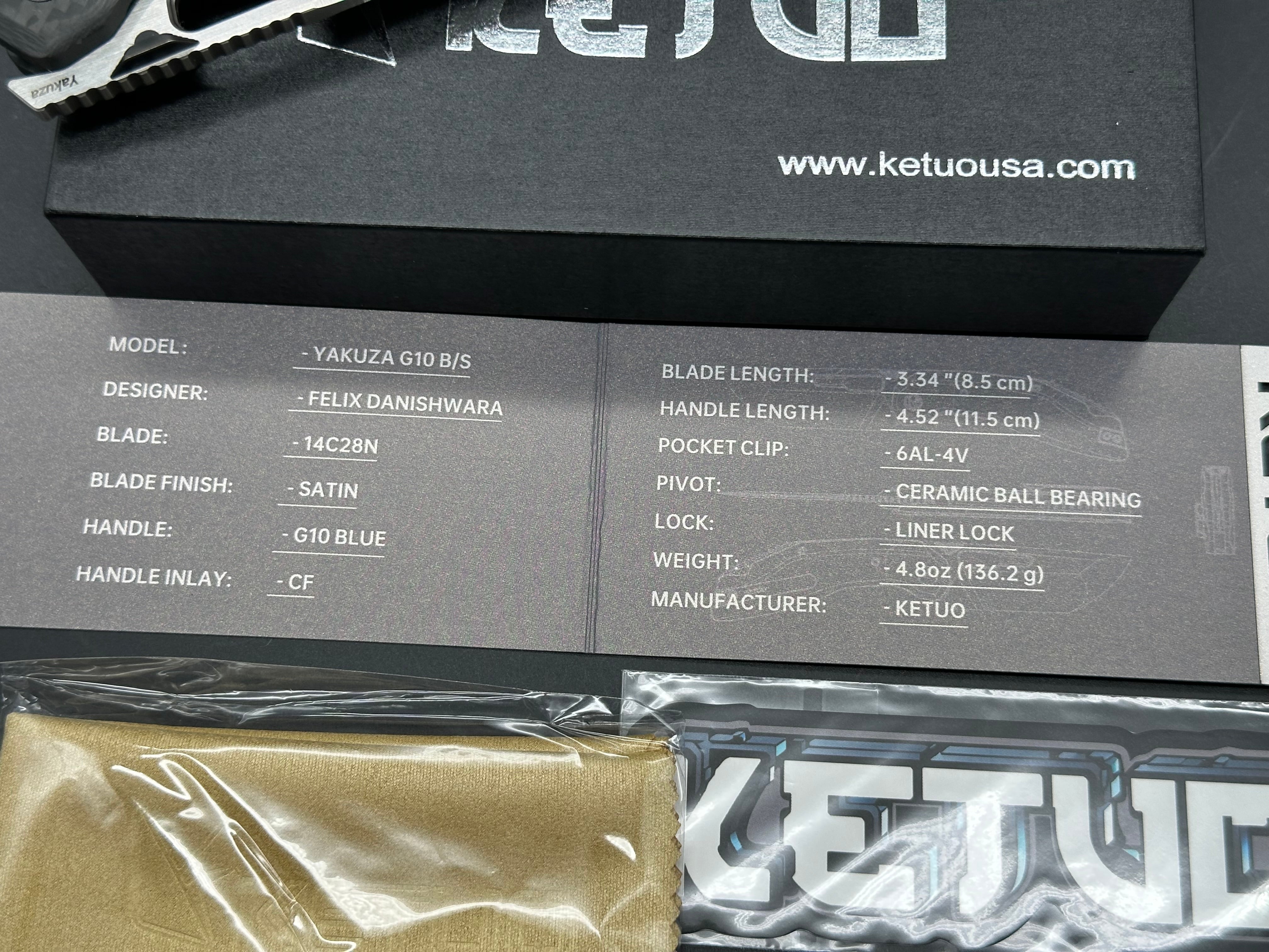 Ketuo Yakuza G-10 V2, Belt Satin14C28N Blade, Blue G-10 Handles with Carbon Fiber Bolsters, Blackwashed Steel Backspacer