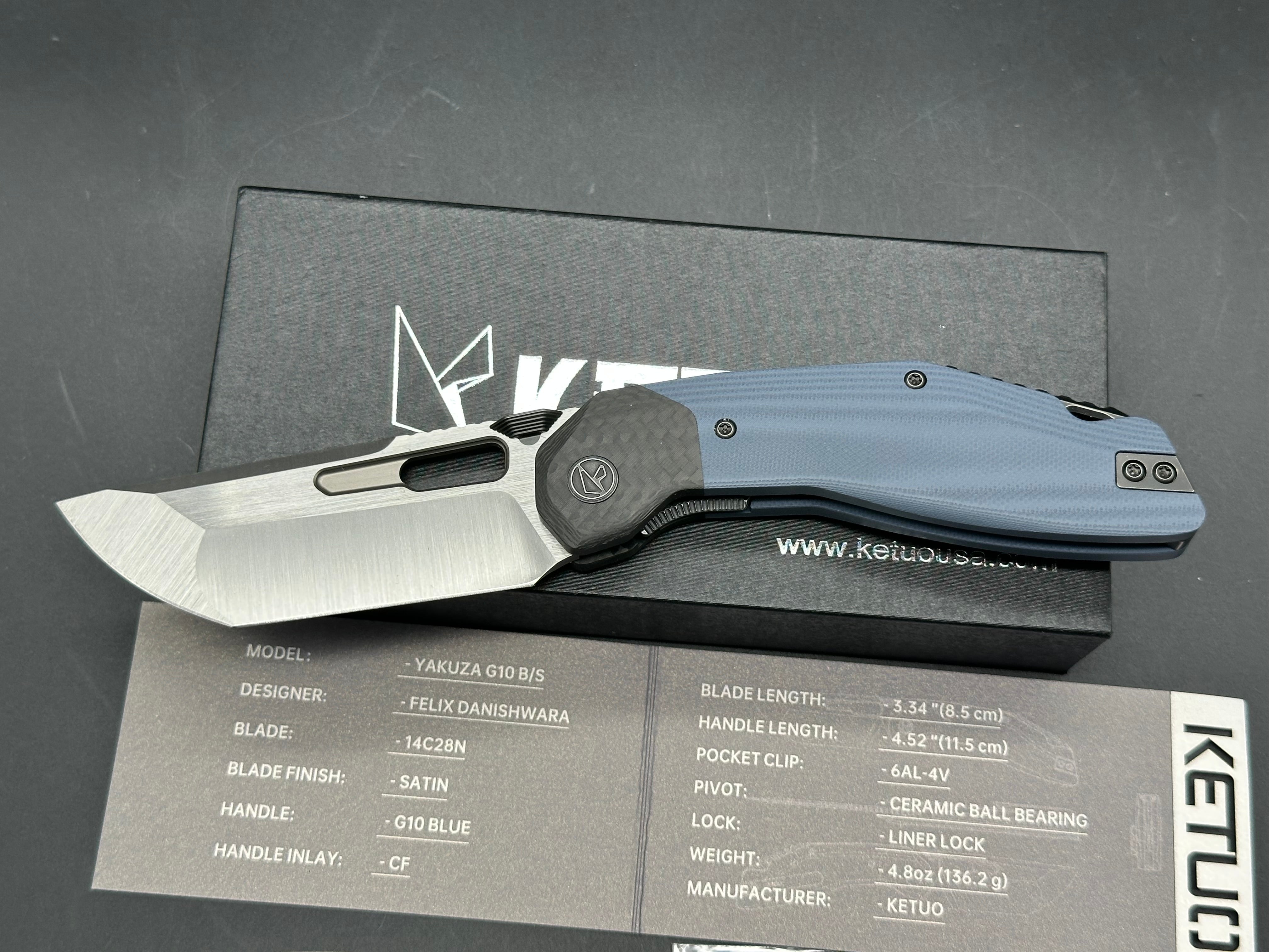 Ketuo Yakuza G-10 V2, Belt Satin14C28N Blade, Blue G-10 Handles with Carbon Fiber Bolsters, Blackwashed Steel Backspacer