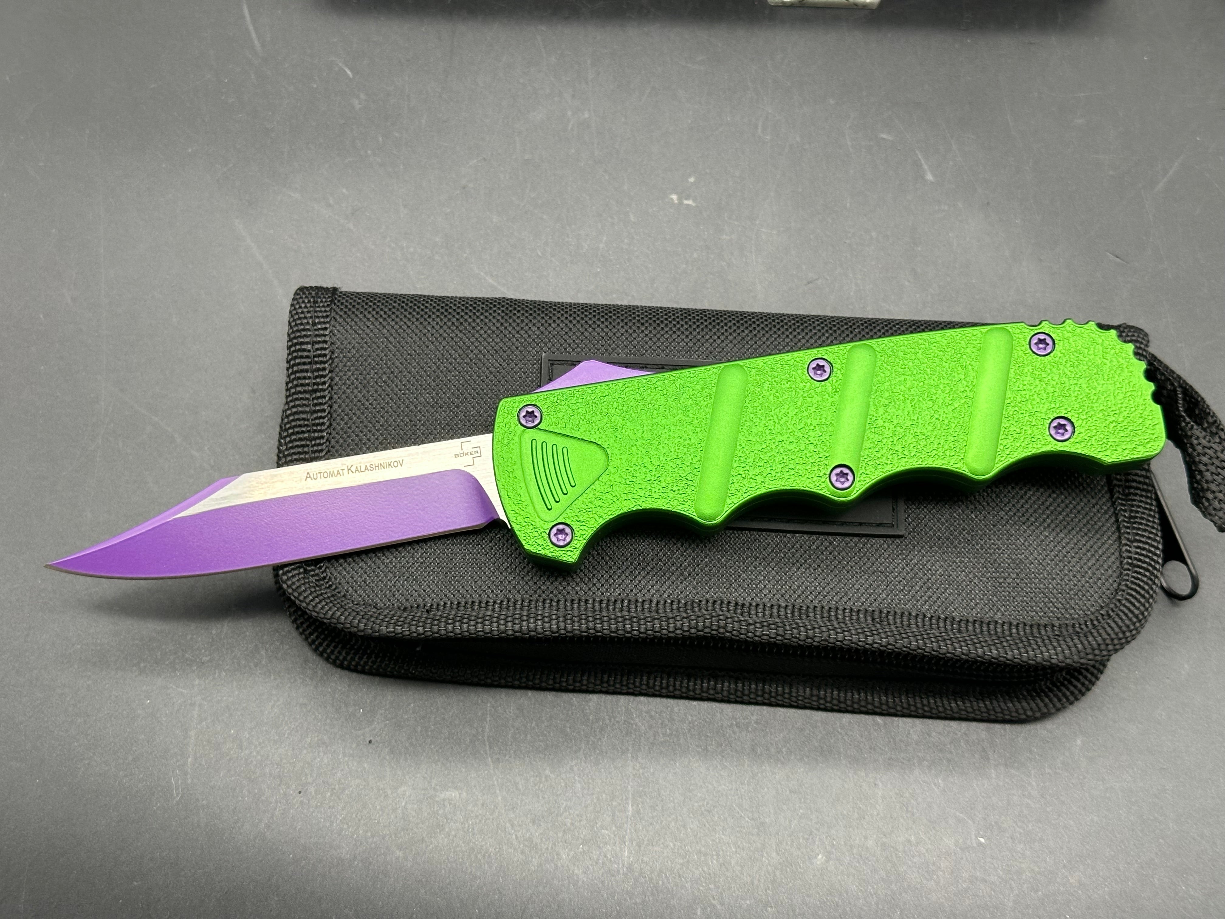 Boker Plus Joker Kalashnikov Bowie D/A OTF 3.5" Purple/Satin D2 Bowie Blade, Green Aluminum w/ Purple Thumb Slide and Hardware
