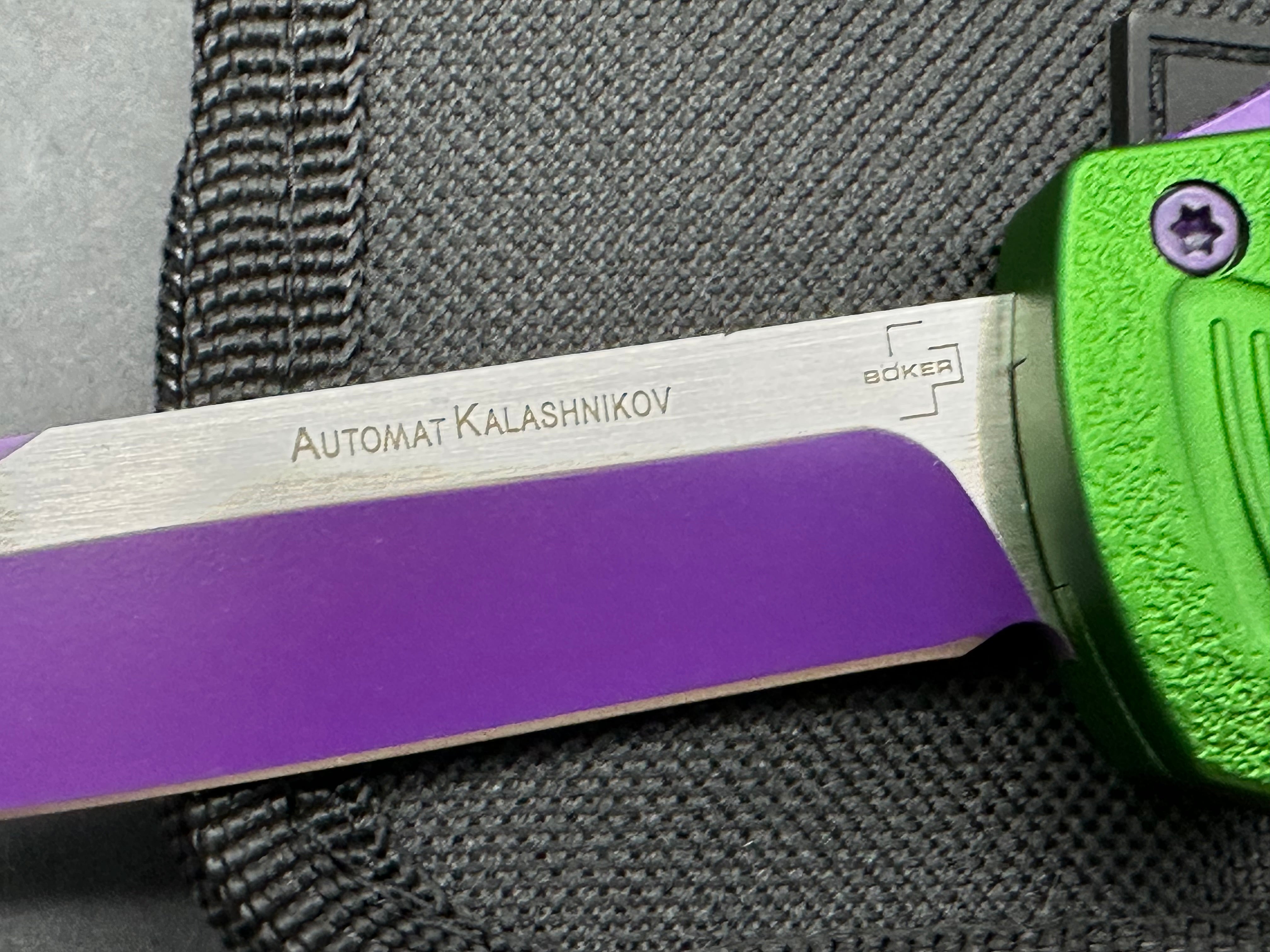 Boker Plus Joker Kalashnikov Bowie D/A OTF 3.5" Purple/Satin D2 Bowie Blade, Green Aluminum w/ Purple Thumb Slide and Hardware