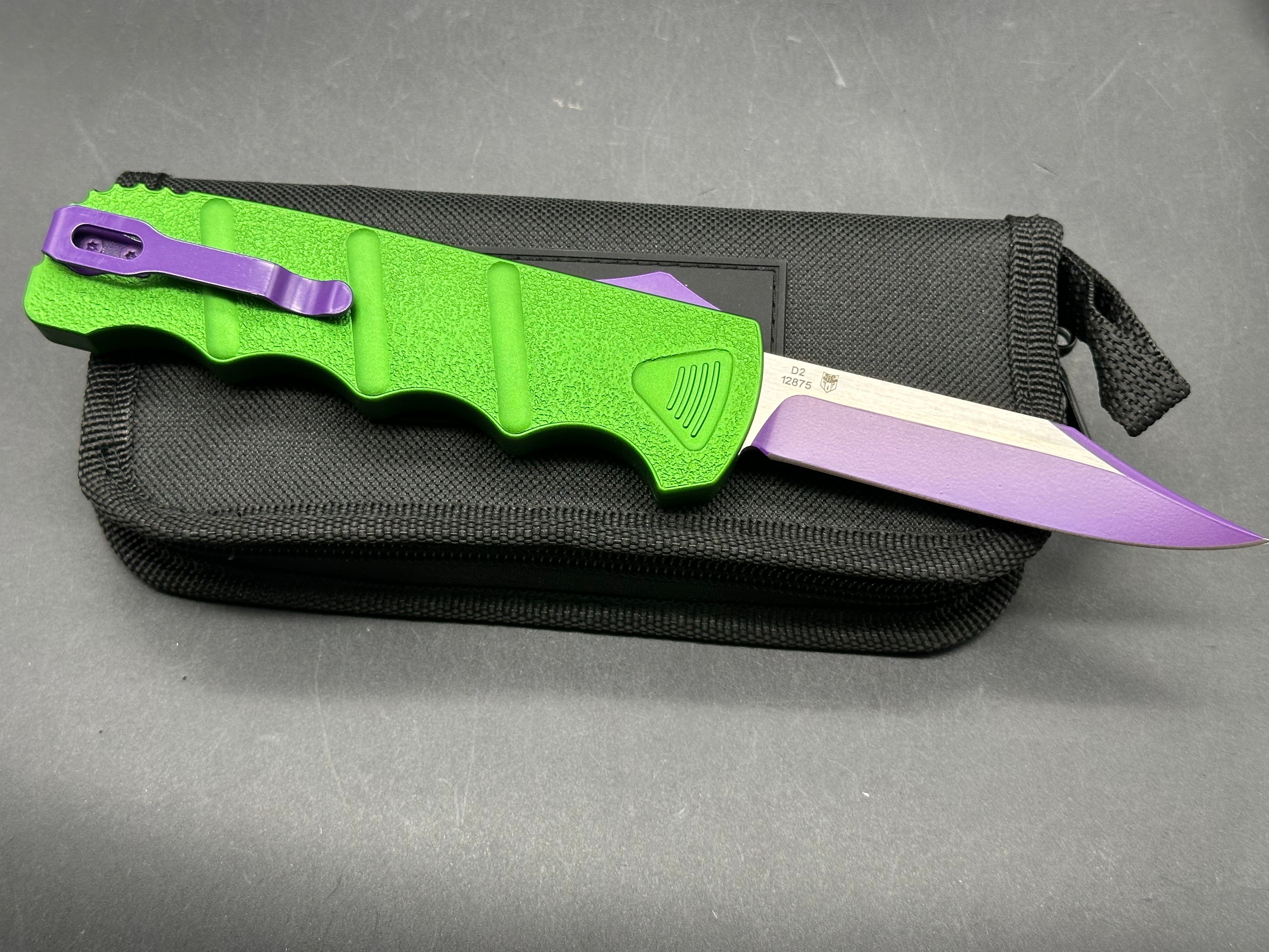 Boker Plus Joker Kalashnikov Bowie D/A OTF 3.5" Purple/Satin D2 Bowie Blade, Green Aluminum w/ Purple Thumb Slide and Hardware