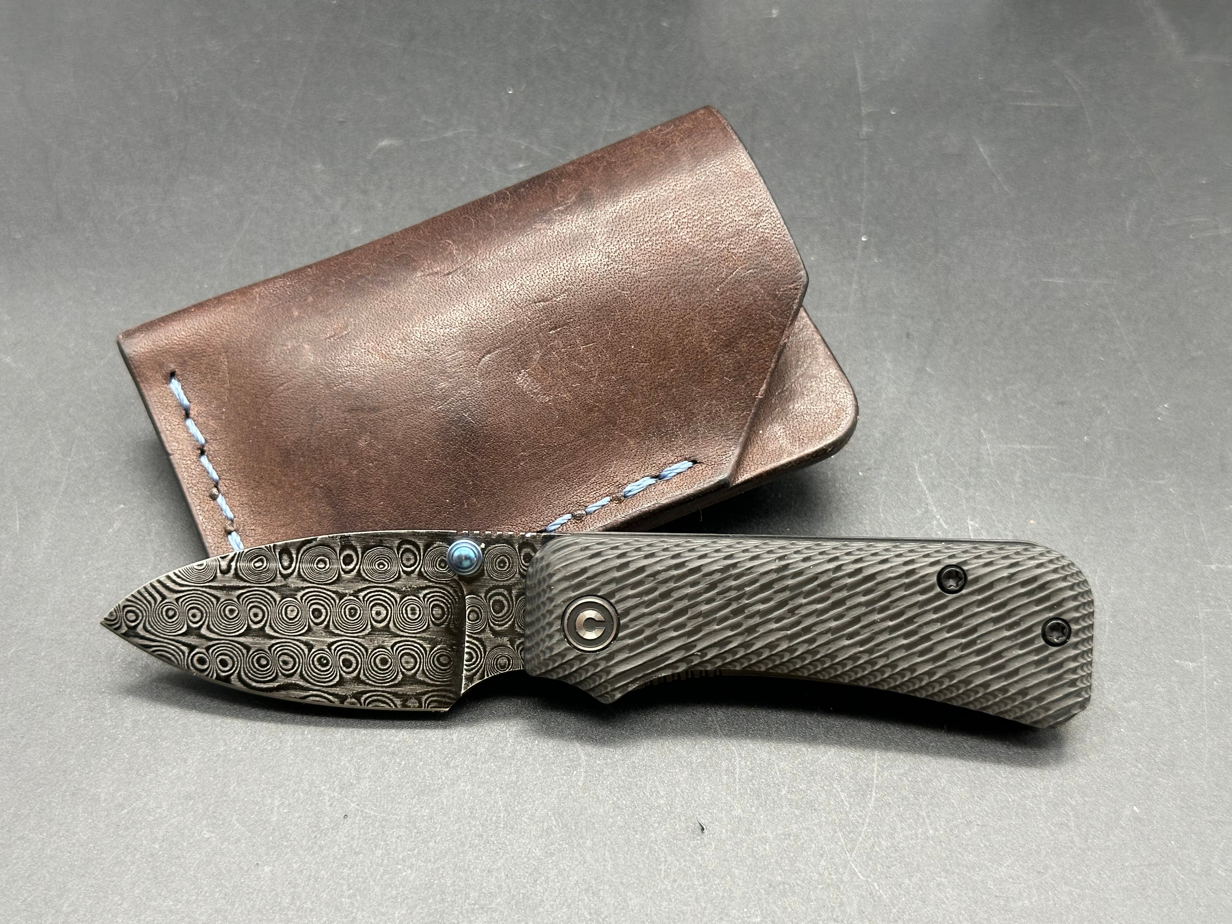 Civivi Damascus Baby Banter with aftermarket Composite carbon fiber scales