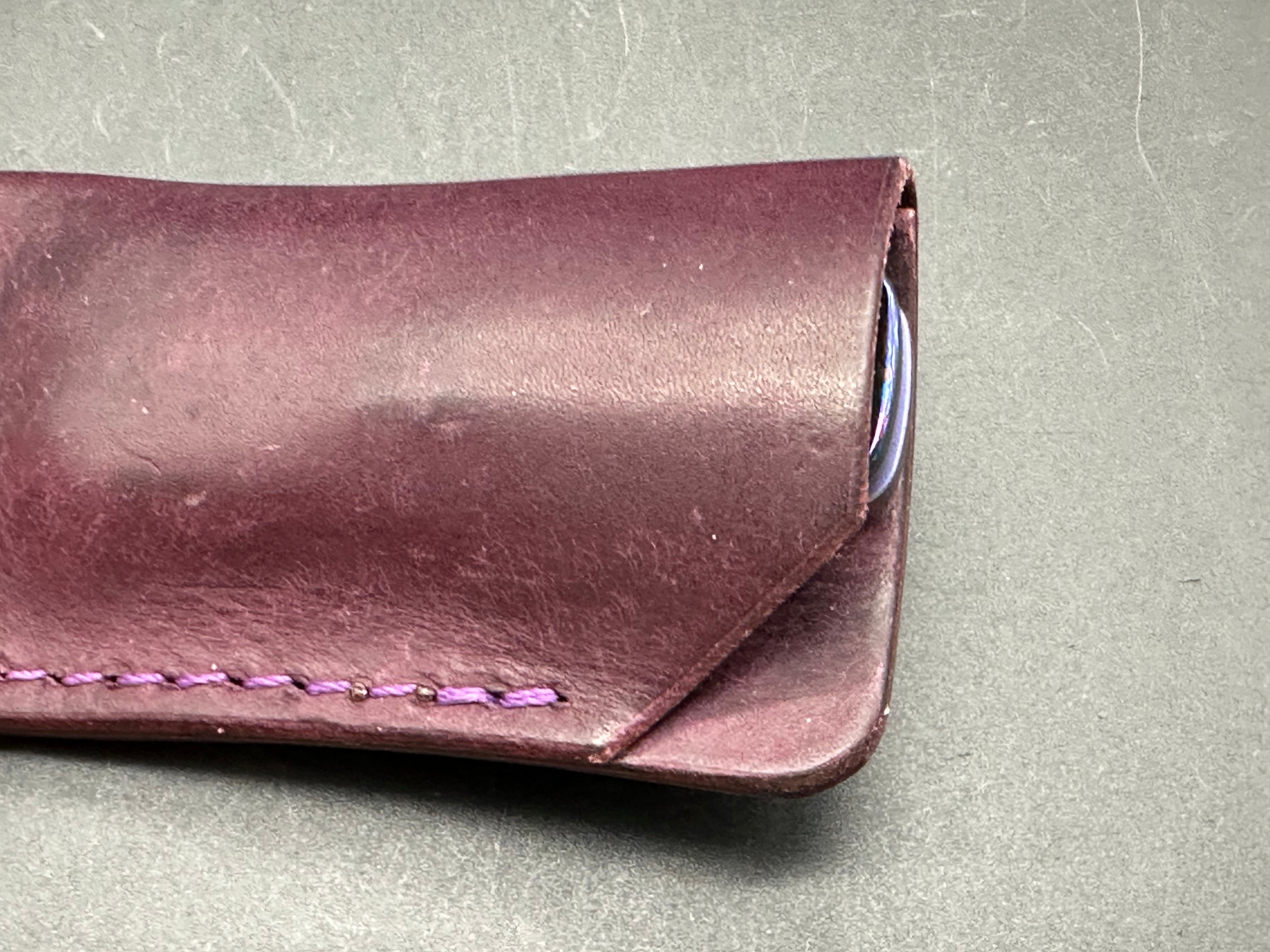 Kaviso QSP Penguin Mini purple TI and Timascus with custom purple Oak City leather slip