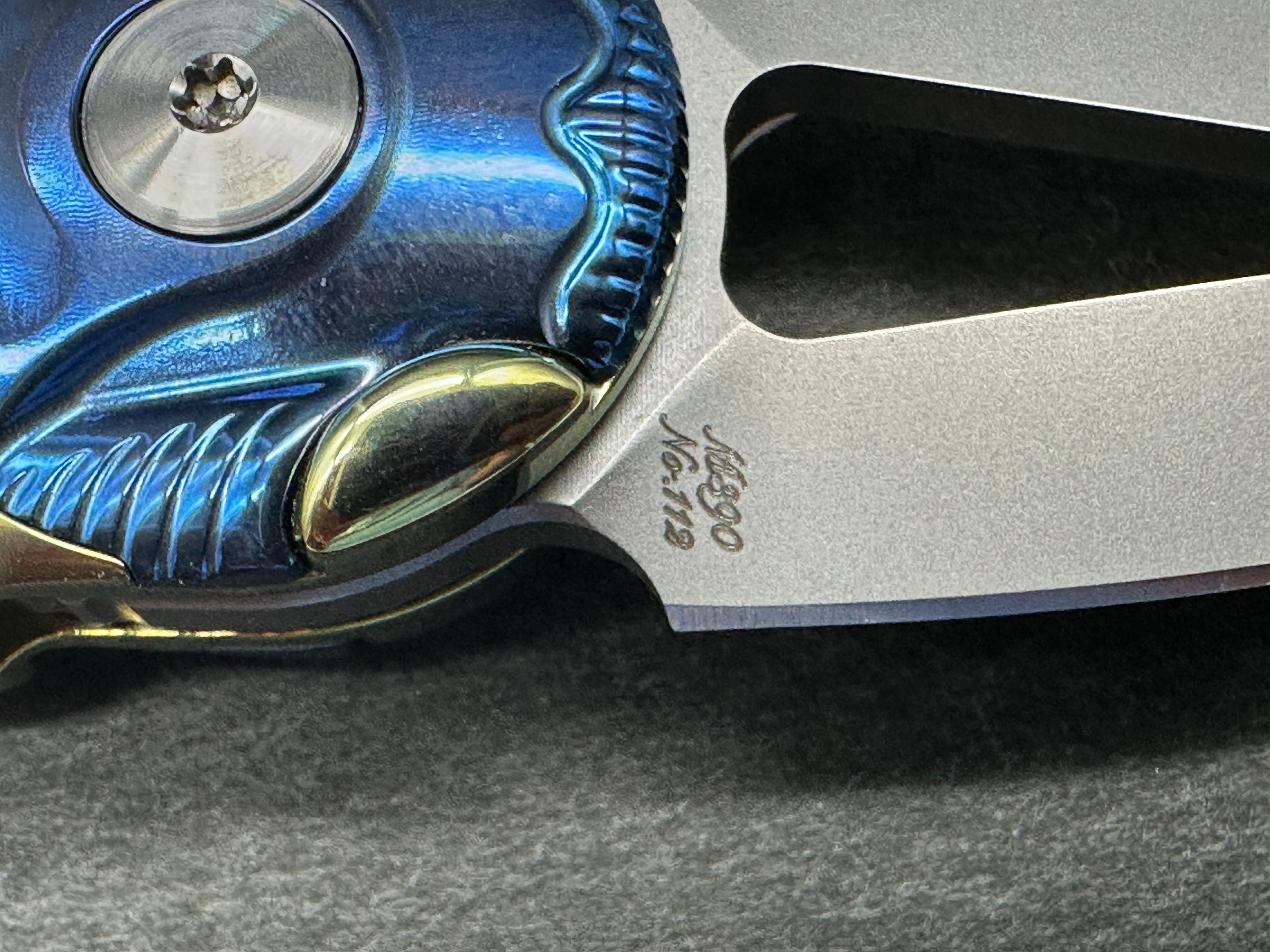 Rike Knife - Cicada Blue & Gold M390 button lock
