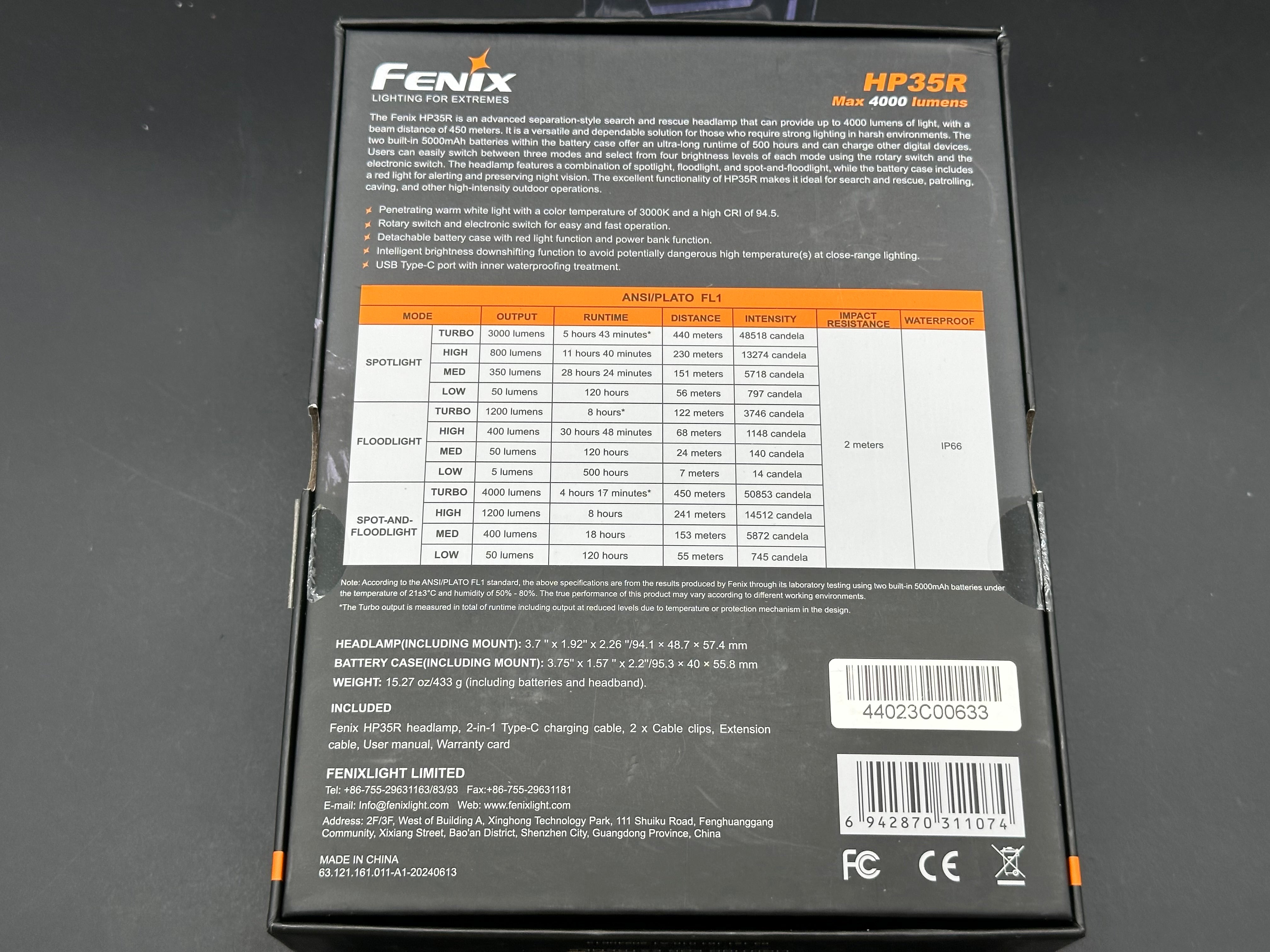 Fenix HP35R Headlamp 10,000mah Battery 4000 Lumens
