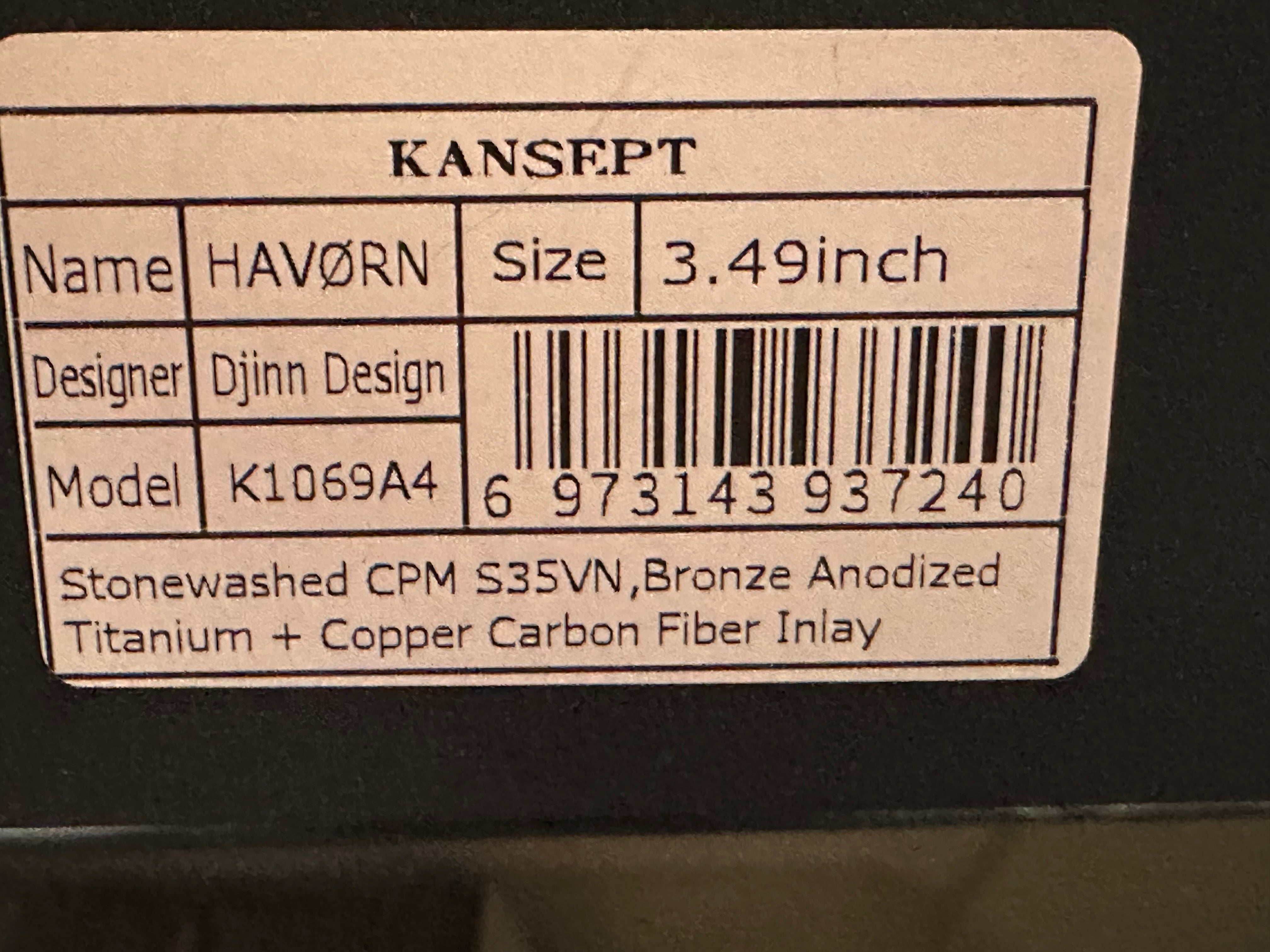 KANSEPT HAVORN 3.49" S35VN CARBON FIBER
INLAY