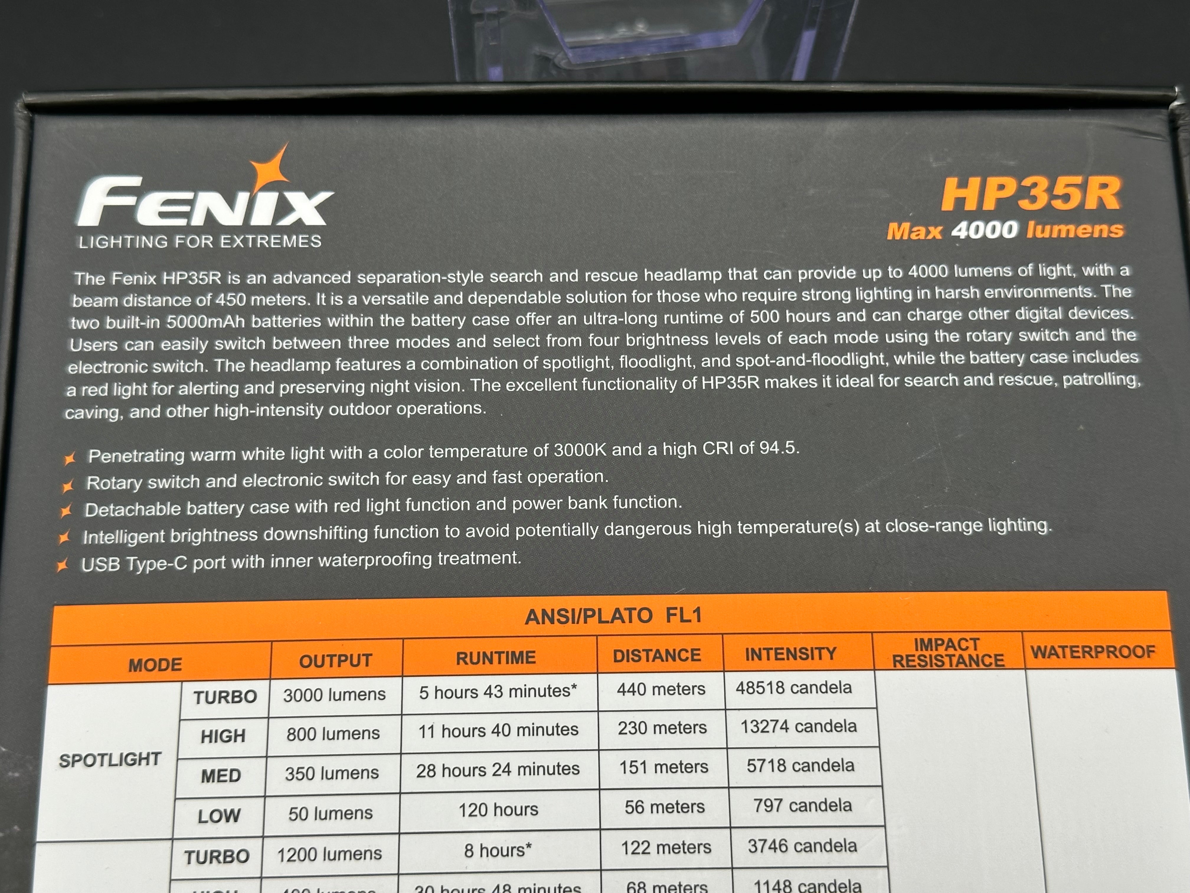Fenix HP35R Headlamp 10,000mah Battery 4000 Lumens