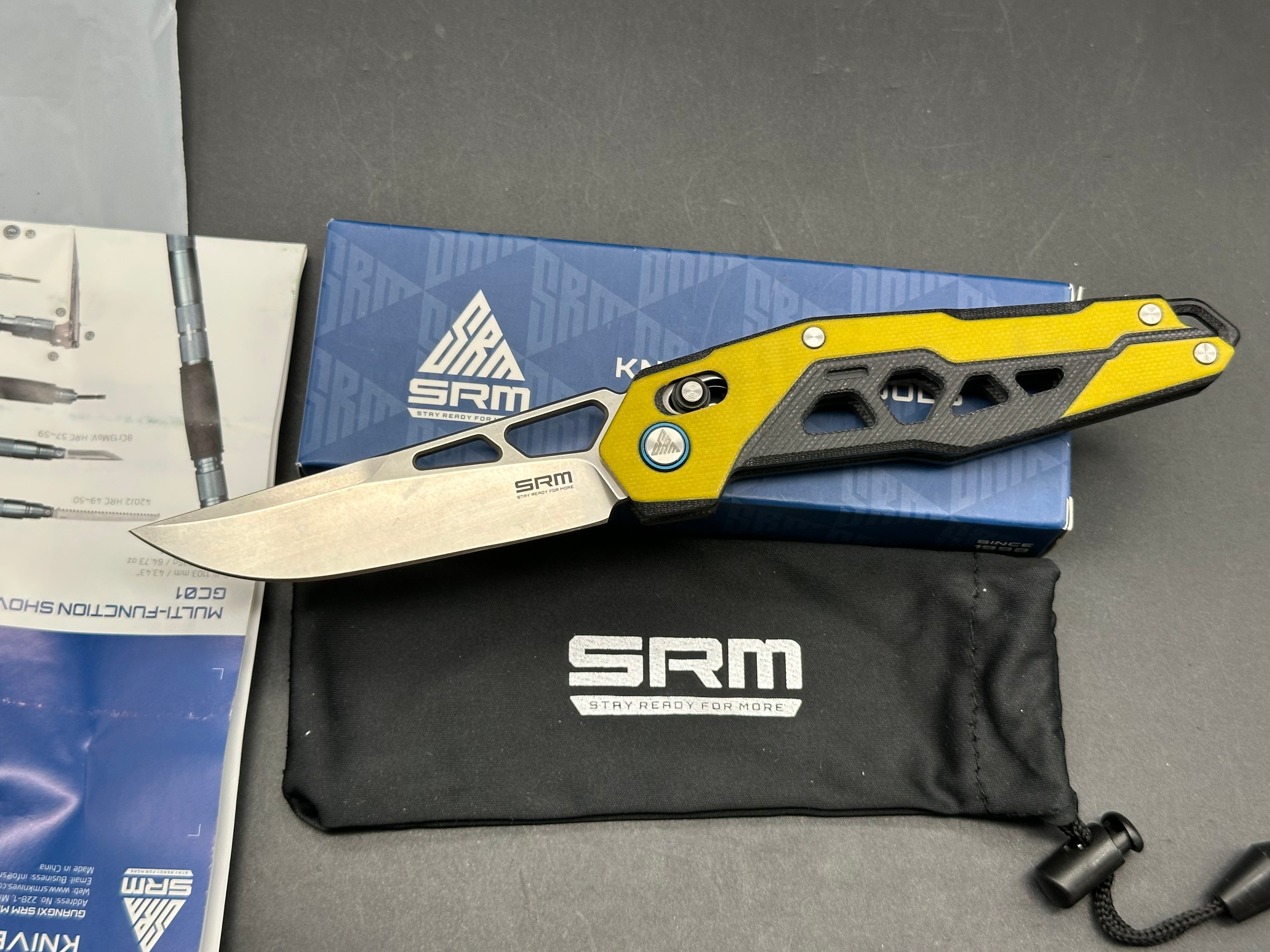 SRM 9225SRM Knives Axis Lock Folding Knife Yellow/Black G10 Scaled Handle D2 Blade