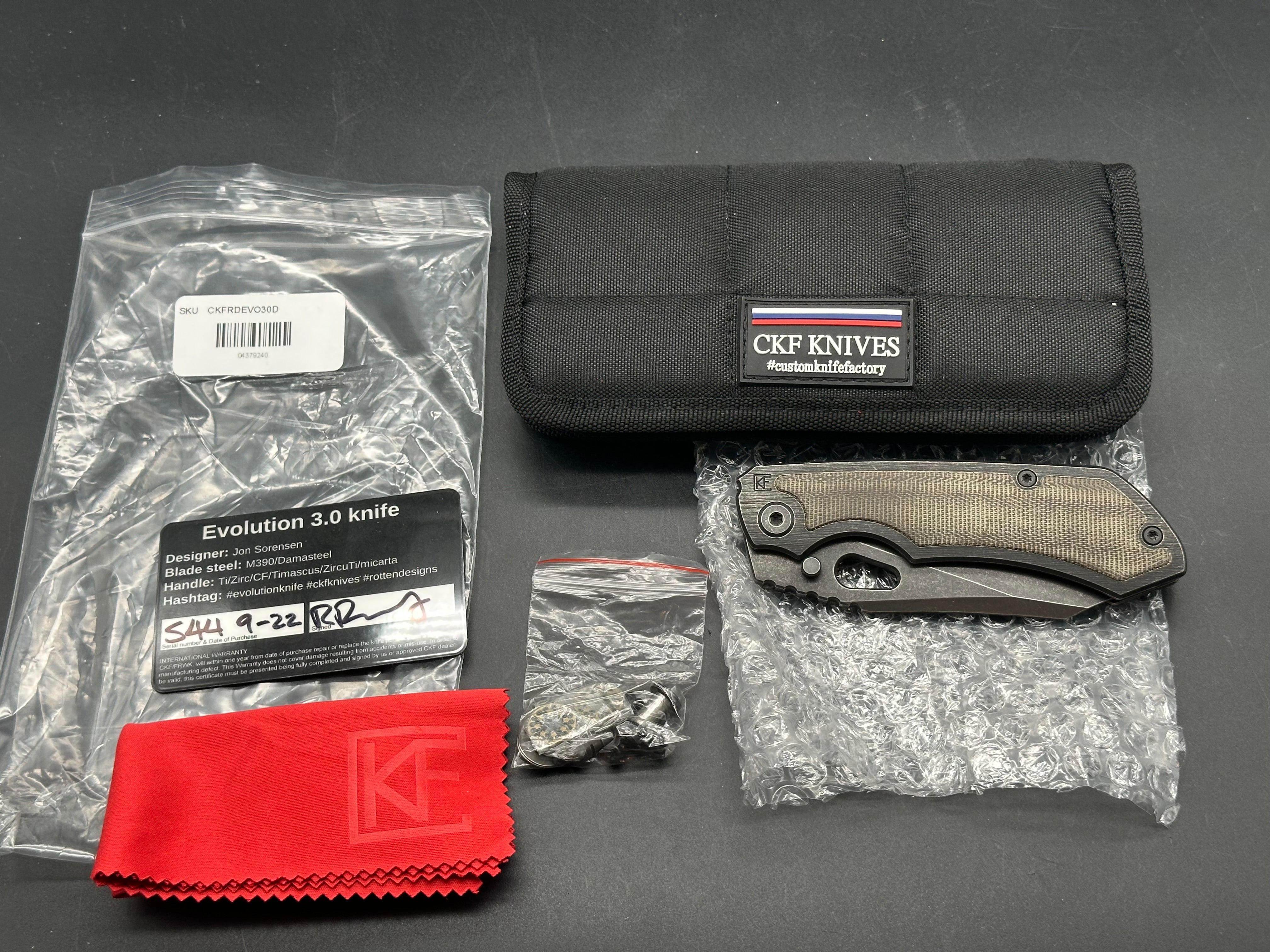 (Custom Knife Factory) CKF/Rotten EVO 3.0D #544, Hollow Ground M390 Blade, Full Blackwash, OD Green Micarta Inlays