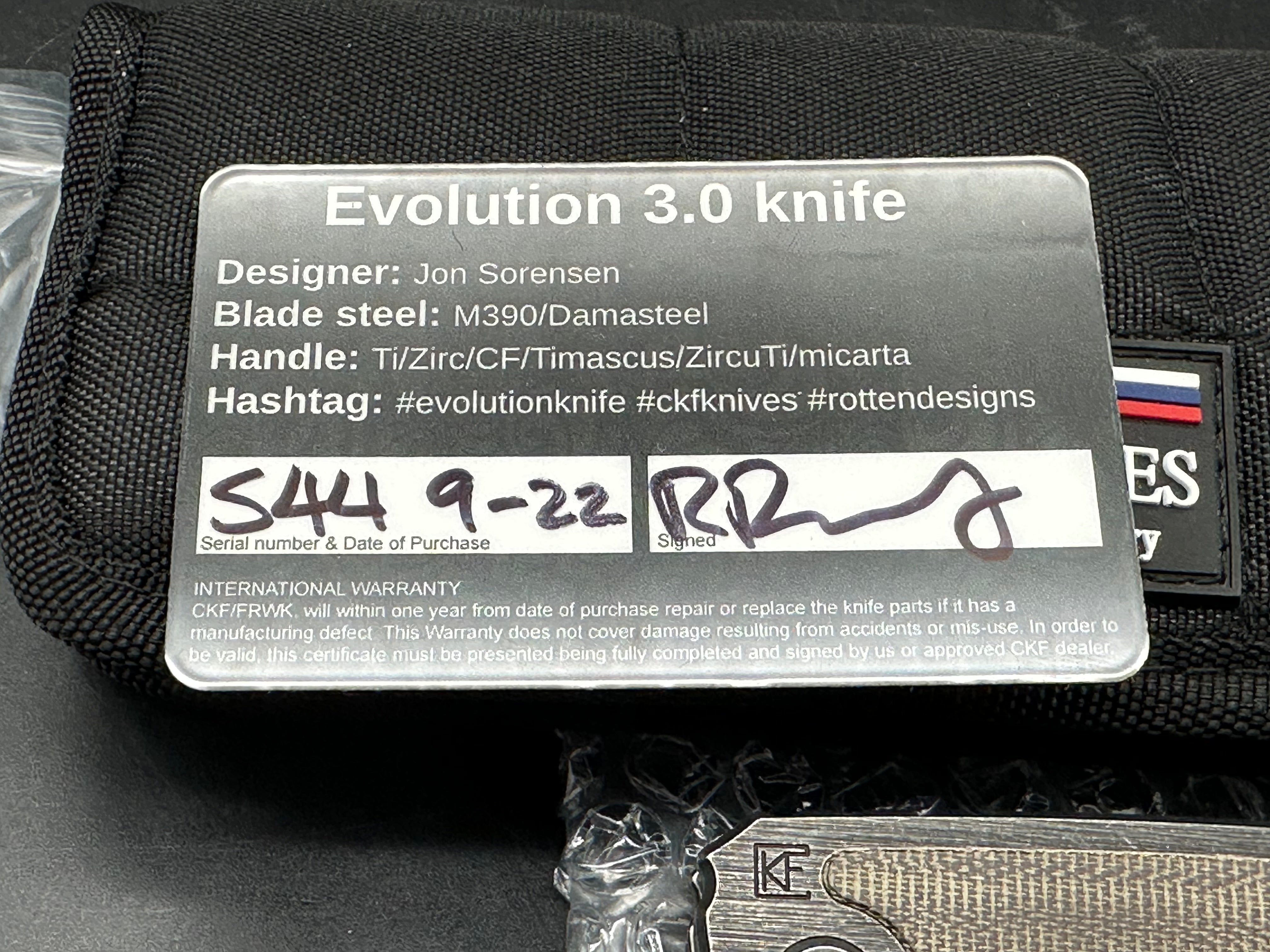 (Custom Knife Factory) CKF/Rotten EVO 3.0D #544, Hollow Ground M390 Blade, Full Blackwash, OD Green Micarta Inlays