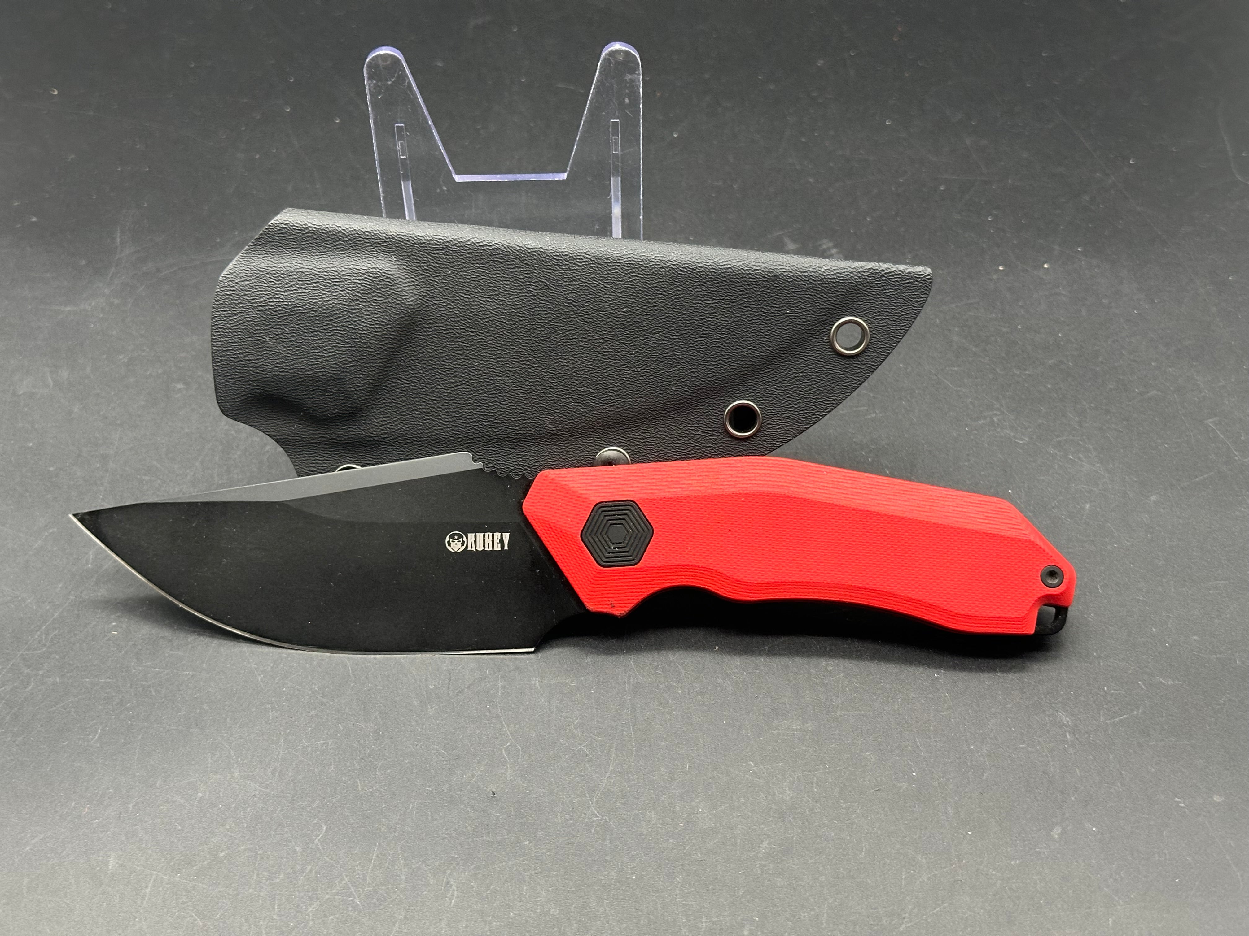 Kubey Basilisk Fixed Blade Knife Red G-10 Handle 4.06'' Blackwashed 14C28N Blade