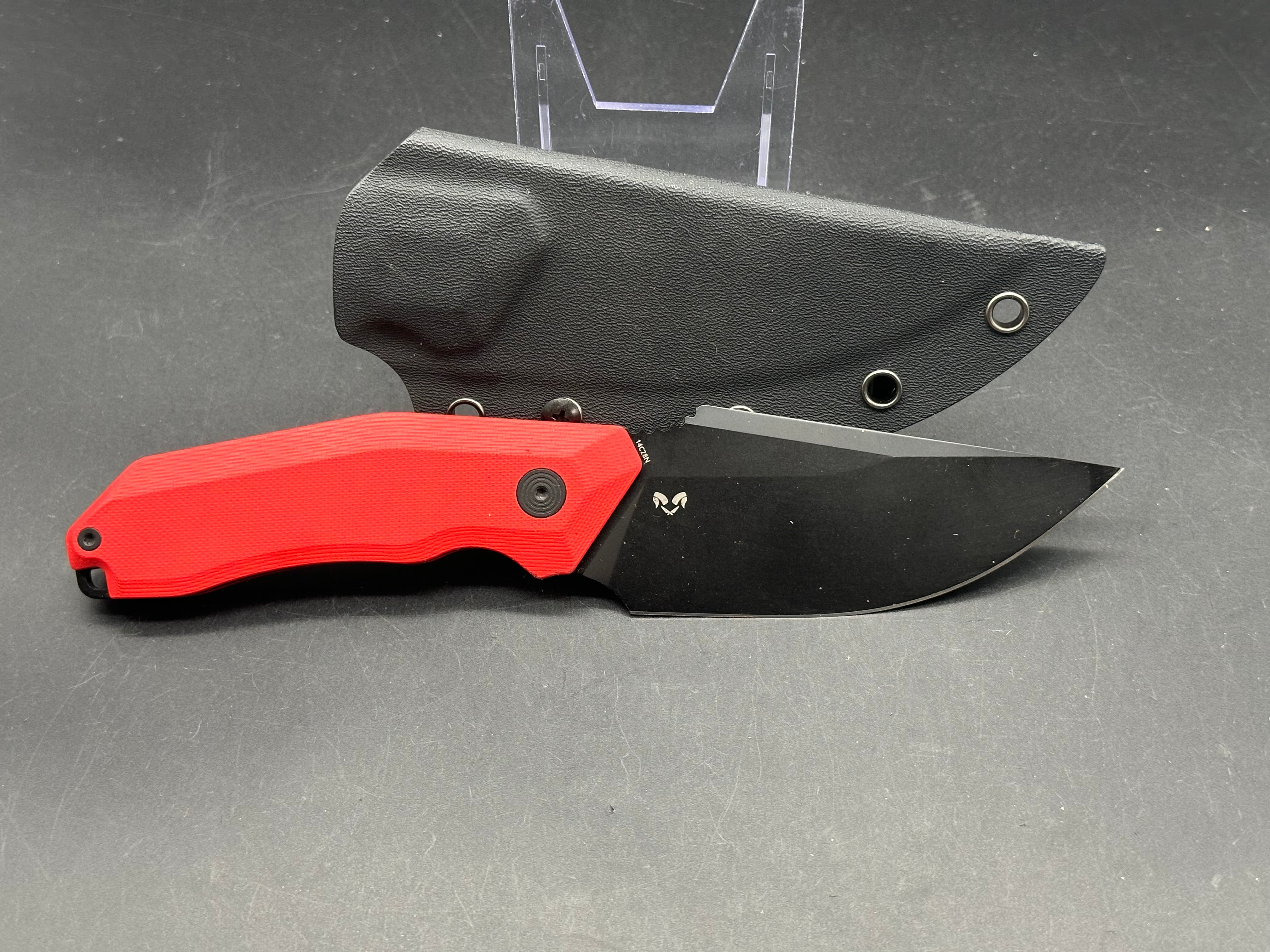 Kubey Basilisk Fixed Blade Knife Red G-10 Handle 4.06'' Blackwashed 14C28N Blade