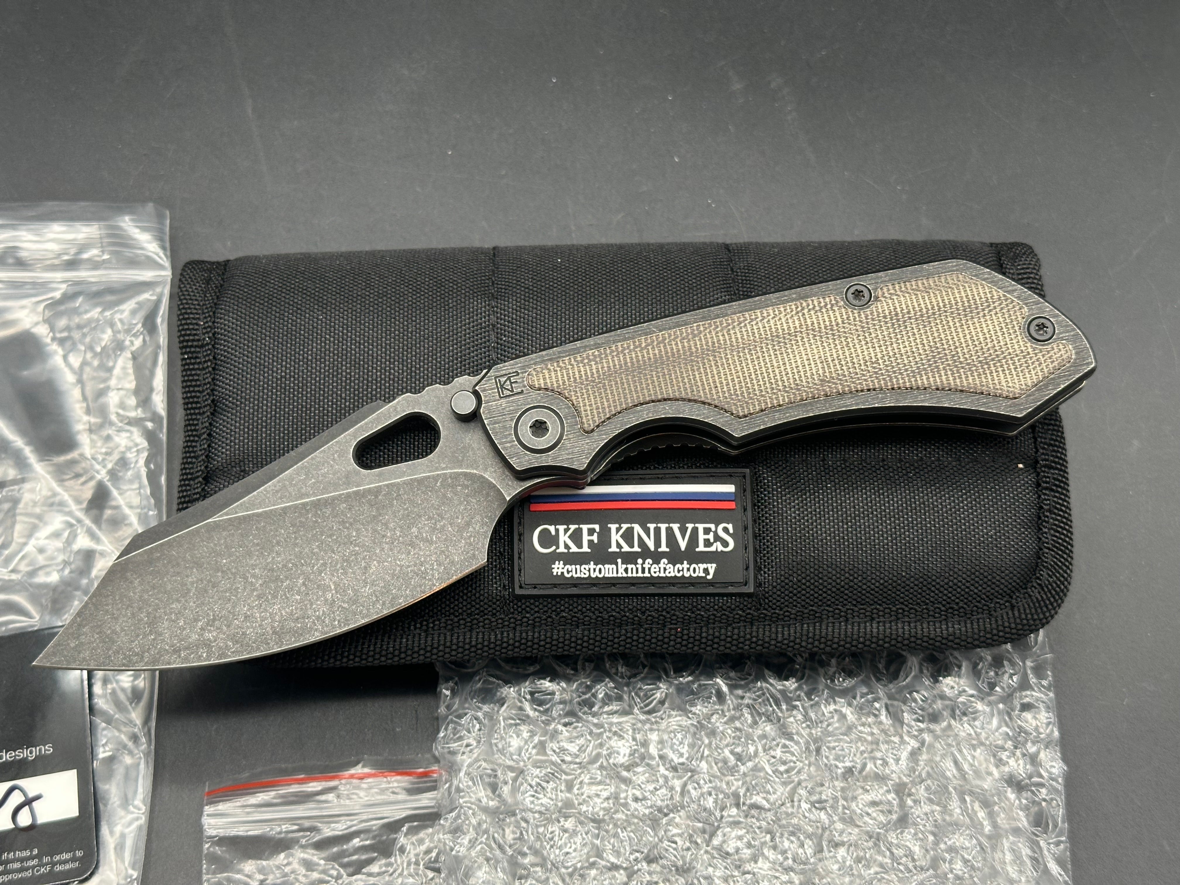 (Custom Knife Factory) CKF/Rotten EVO 3.0D #544, Hollow Ground M390 Blade, Full Blackwash, OD Green Micarta Inlays