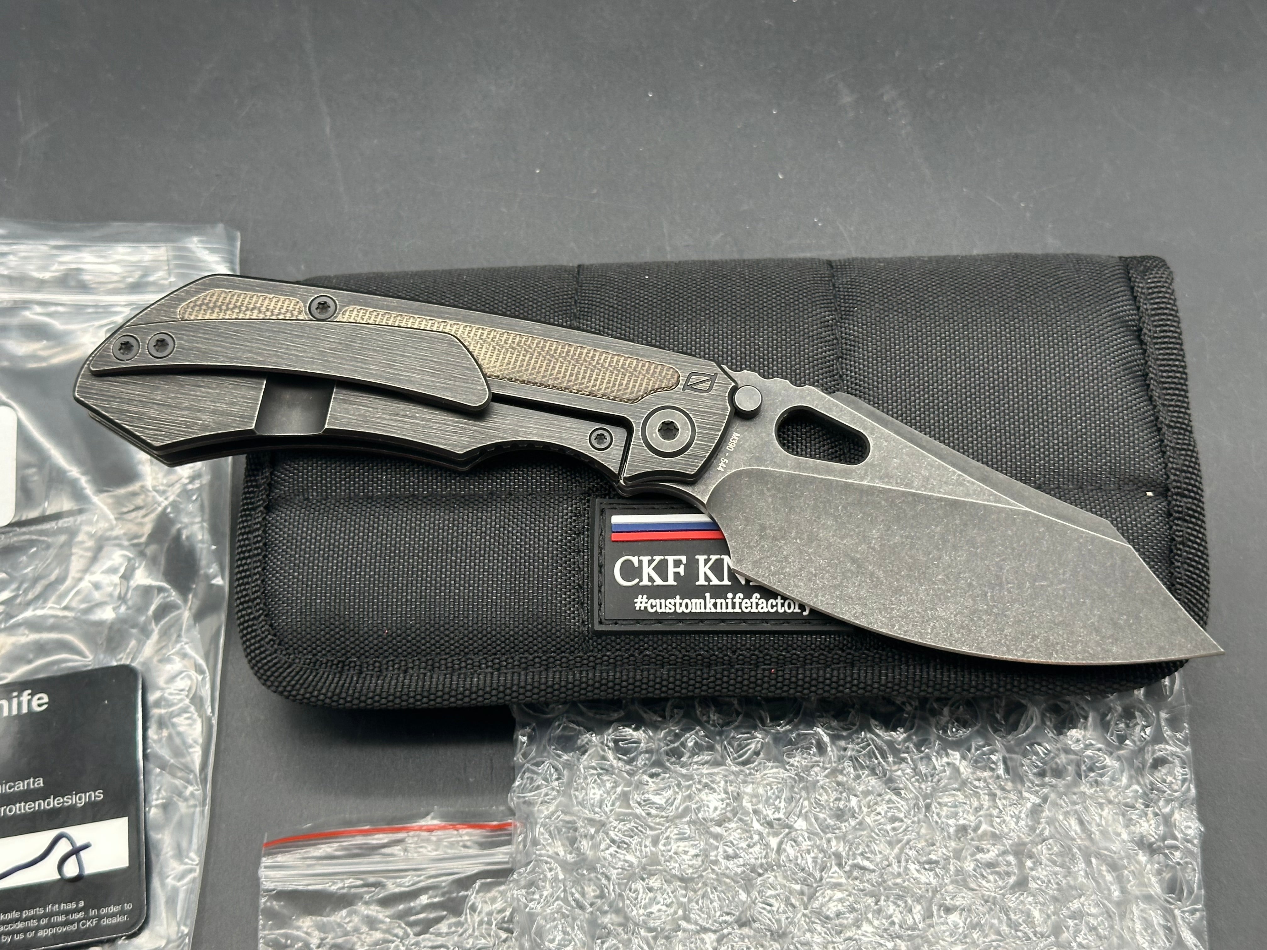 (Custom Knife Factory) CKF/Rotten EVO 3.0D #544, Hollow Ground M390 Blade, Full Blackwash, OD Green Micarta Inlays