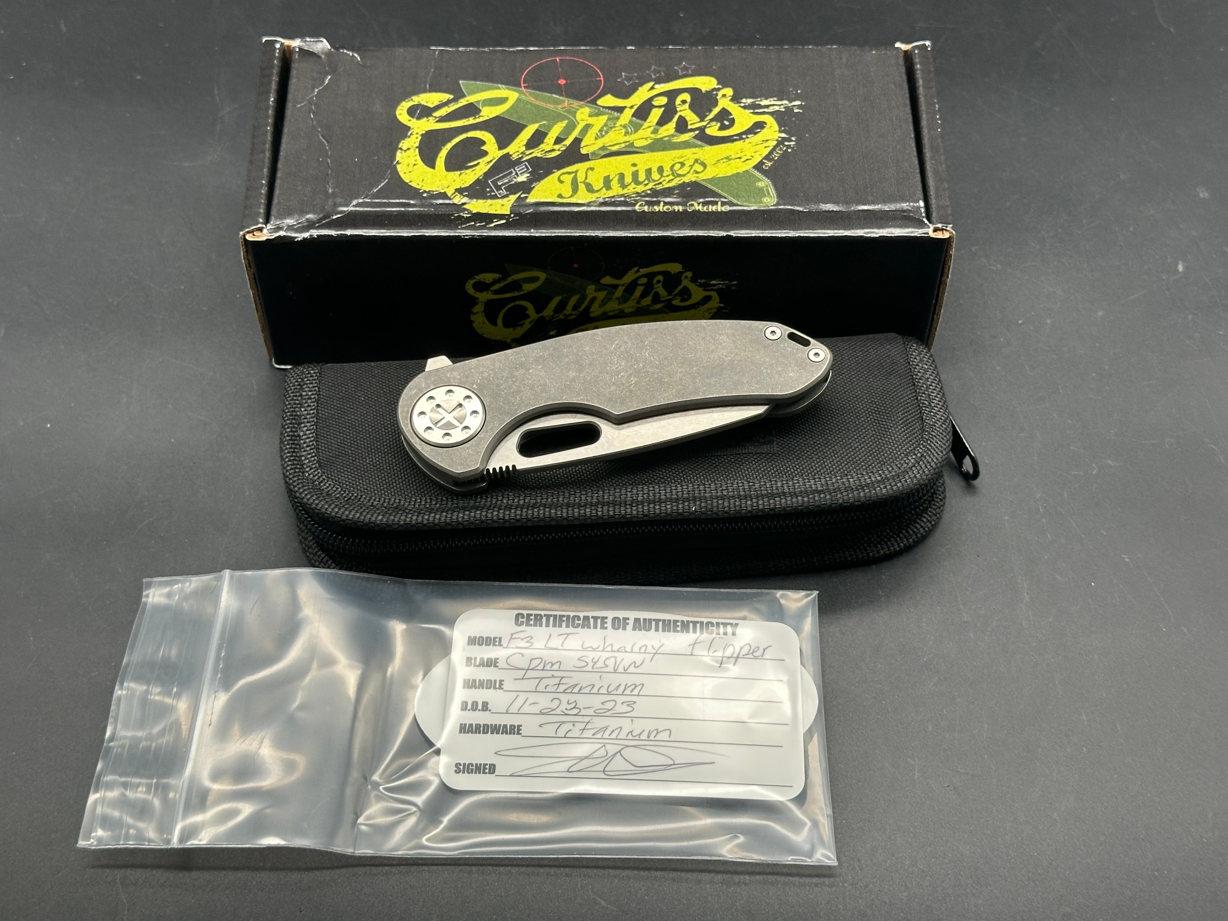 Curtiss Custom Knives F3LT Wharny Flipper, Two-tone CPM-S45VN Wharncliffe Blade