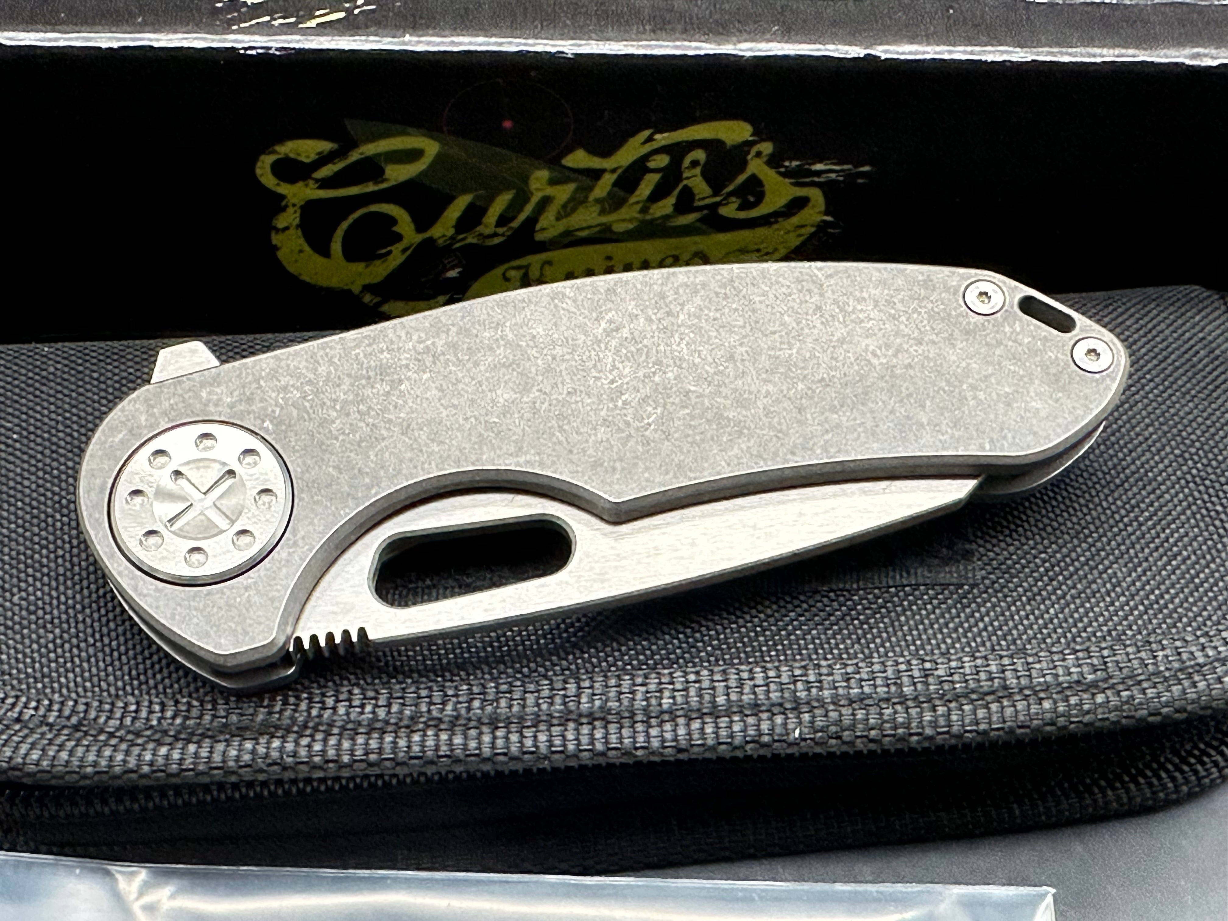 Curtiss Custom Knives F3LT Wharny Flipper, Two-tone CPM-S45VN Wharncliffe Blade