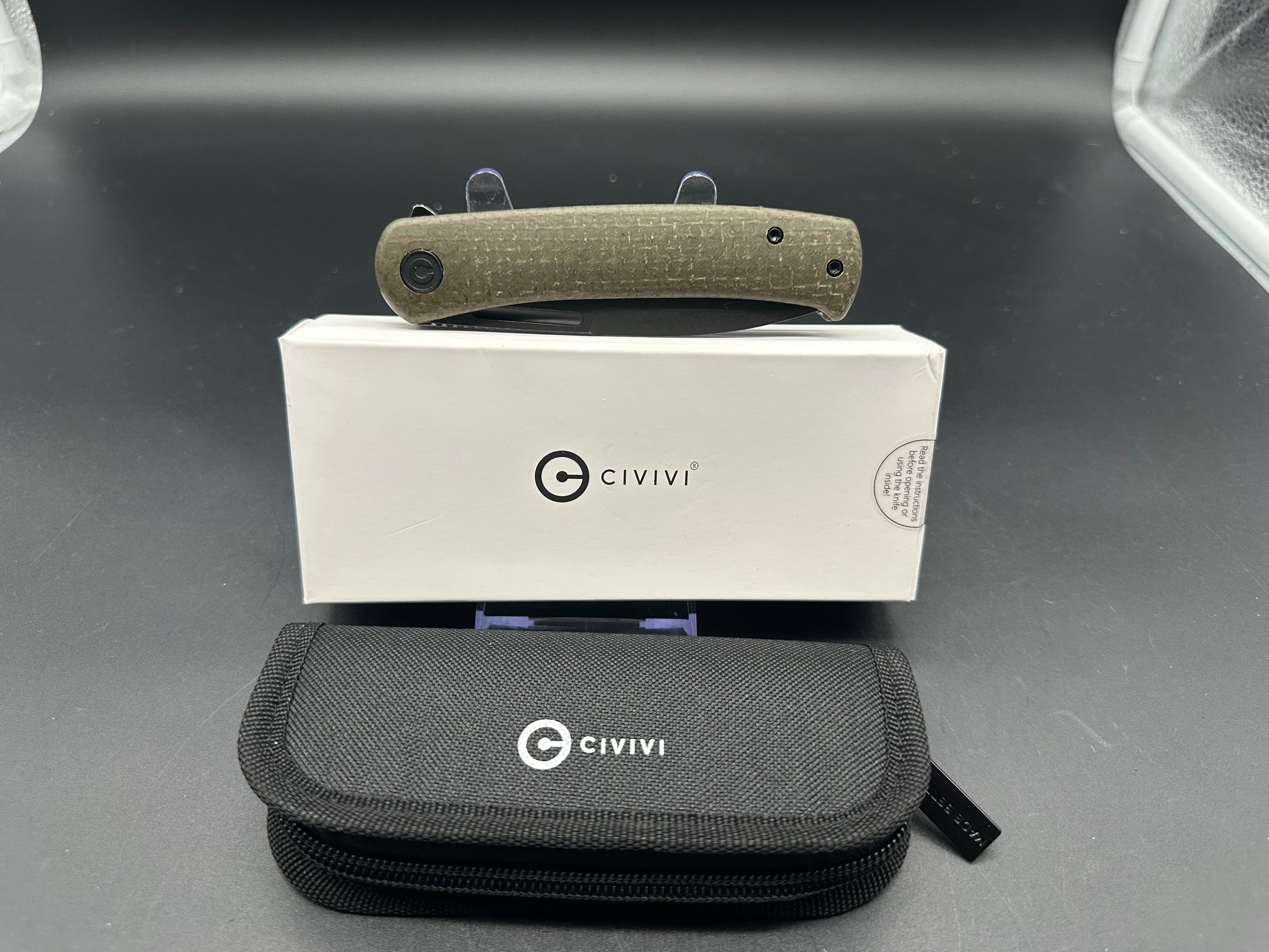CIVIVI CAETUS GREEN BURLAP MICARTA HANDLE 14C28N SPEAR POINT