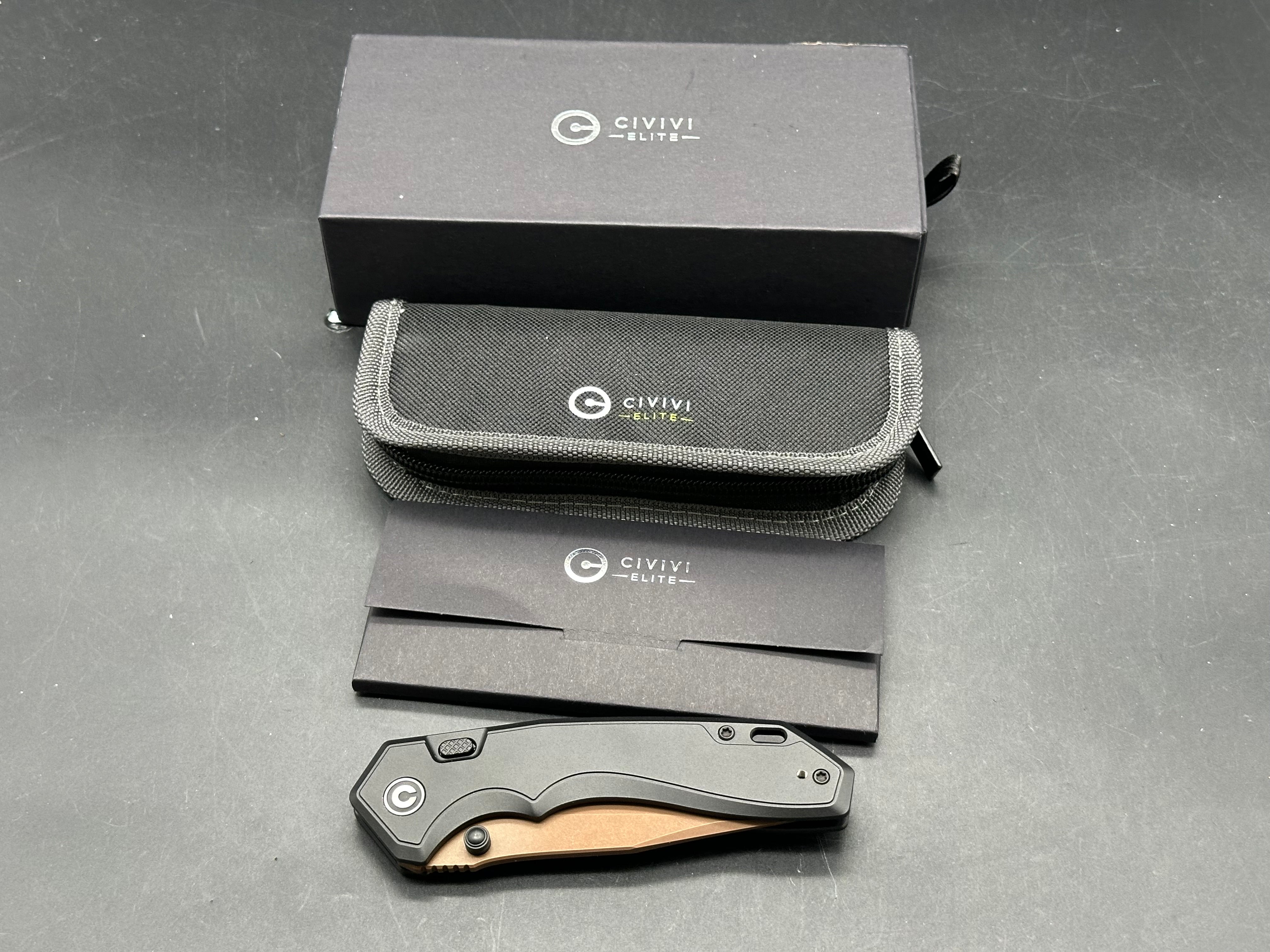 CIVIVI ELITE BROVA BLACK ALUMINUM HANDLE S35VN CLIP POINT PLAIN EDGE DARK BROWN