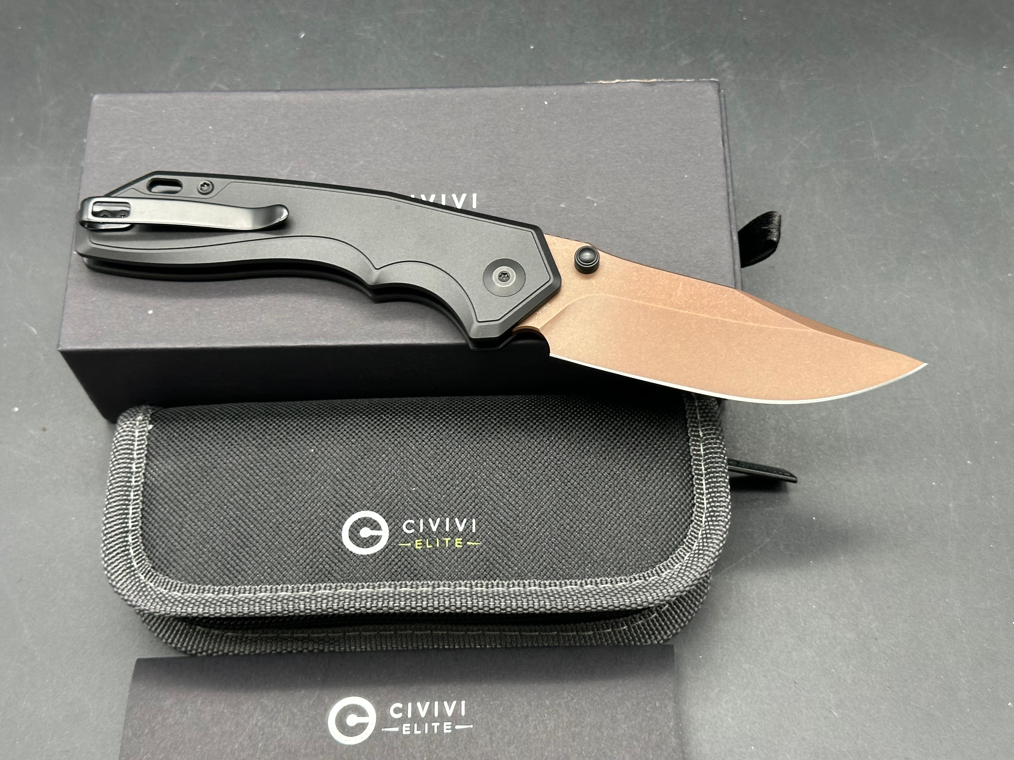 CIVIVI ELITE BROVA BLACK ALUMINUM HANDLE S35VN CLIP POINT PLAIN EDGE DARK BROWN