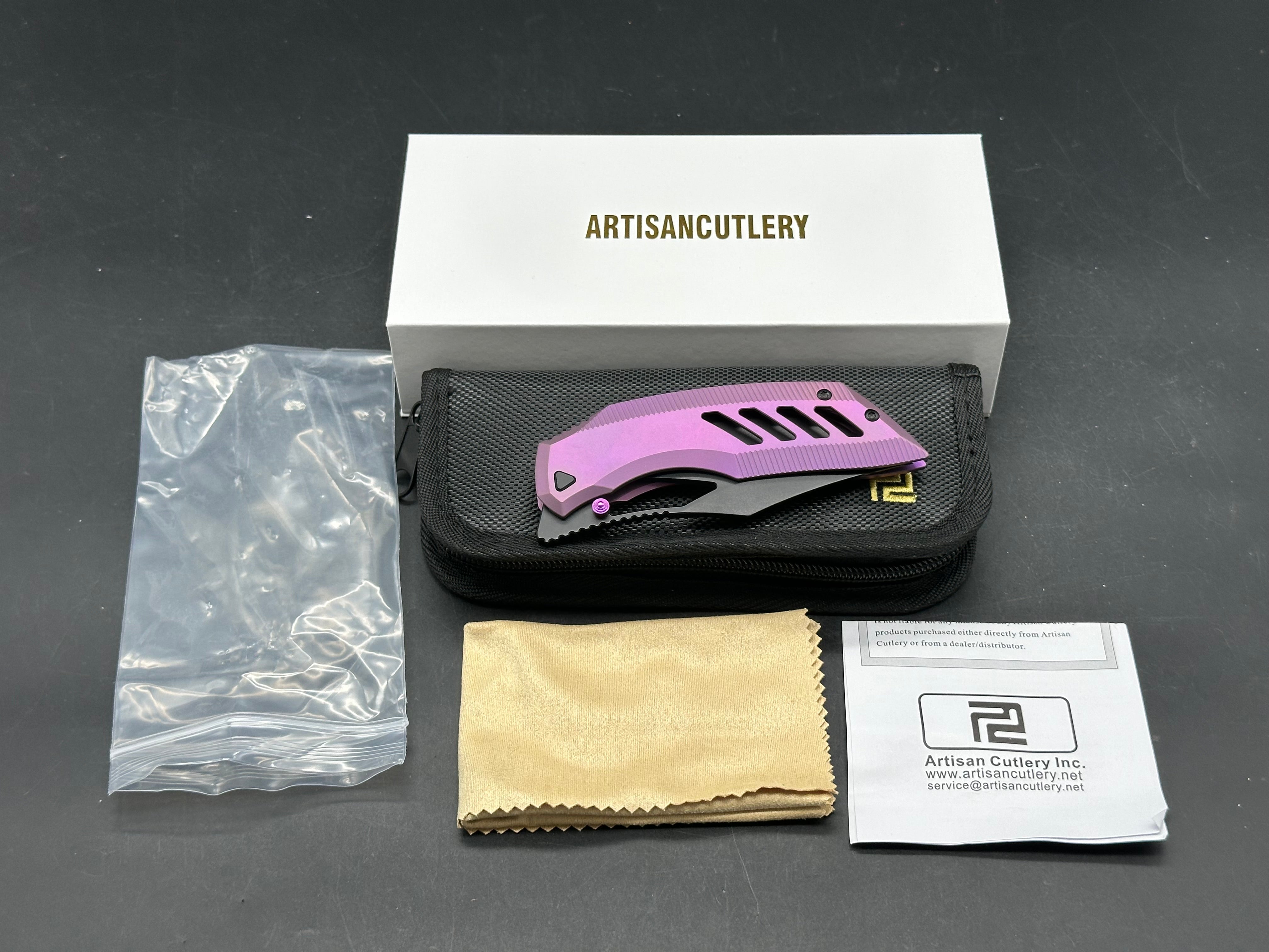 ARTISAN CUTLERY DARK WING PURPLE TITANIUM HANDLE S35VN PLAIN EDGE BLACK PVD FINISH