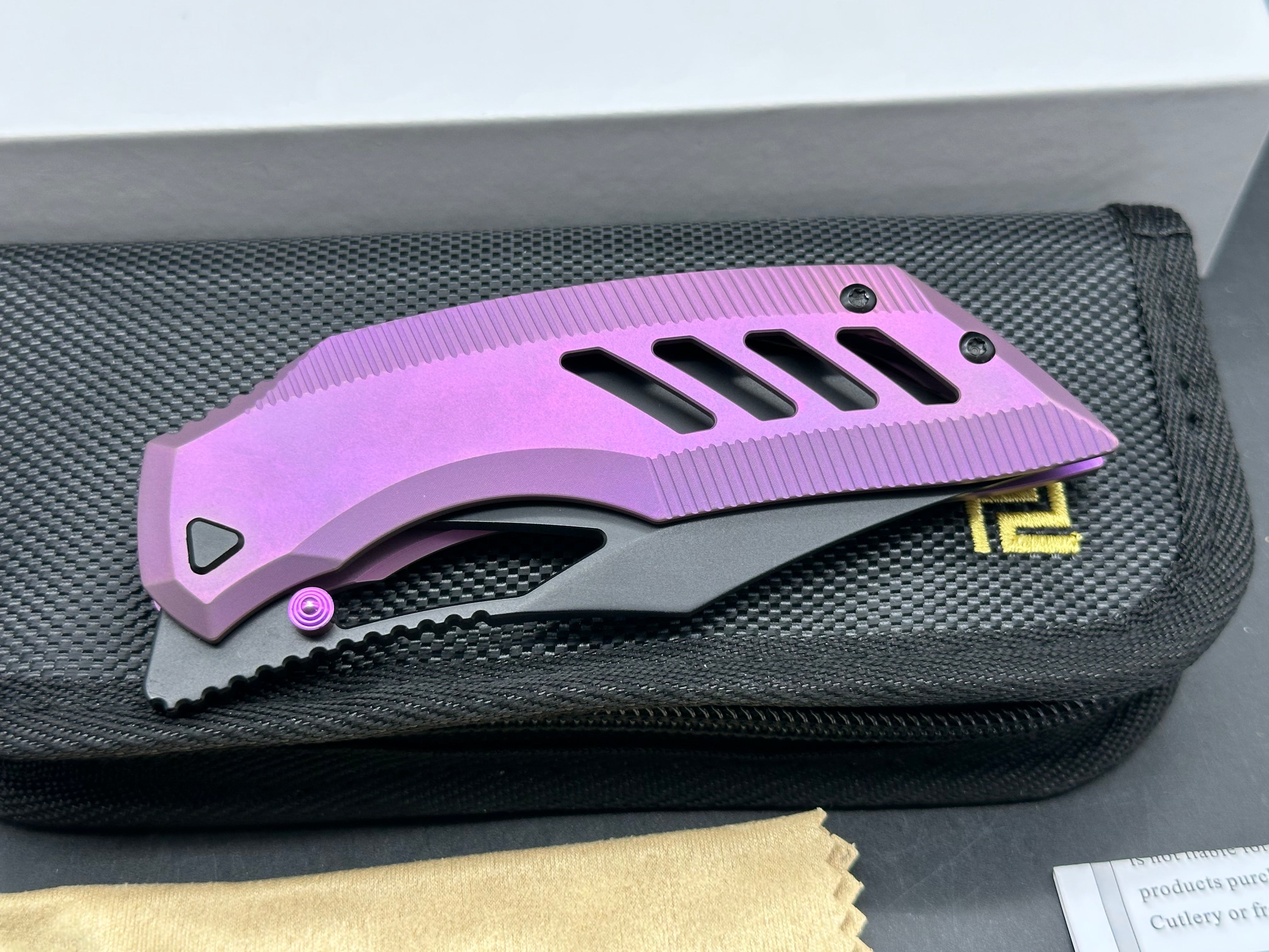 ARTISAN CUTLERY DARK WING PURPLE TITANIUM HANDLE S35VN PLAIN EDGE BLACK PVD FINISH