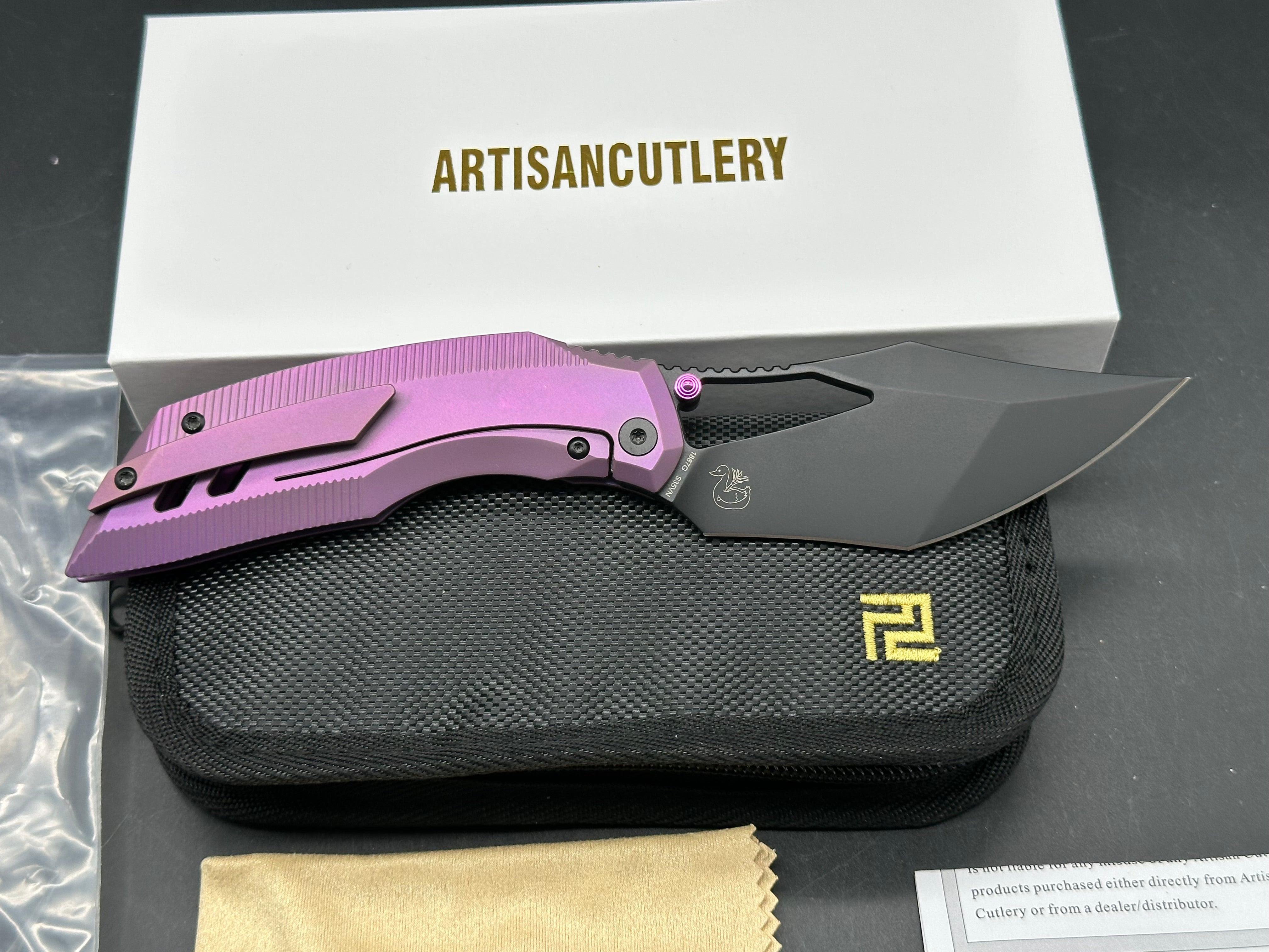ARTISAN CUTLERY DARK WING PURPLE TITANIUM HANDLE S35VN PLAIN EDGE BLACK PVD FINISH