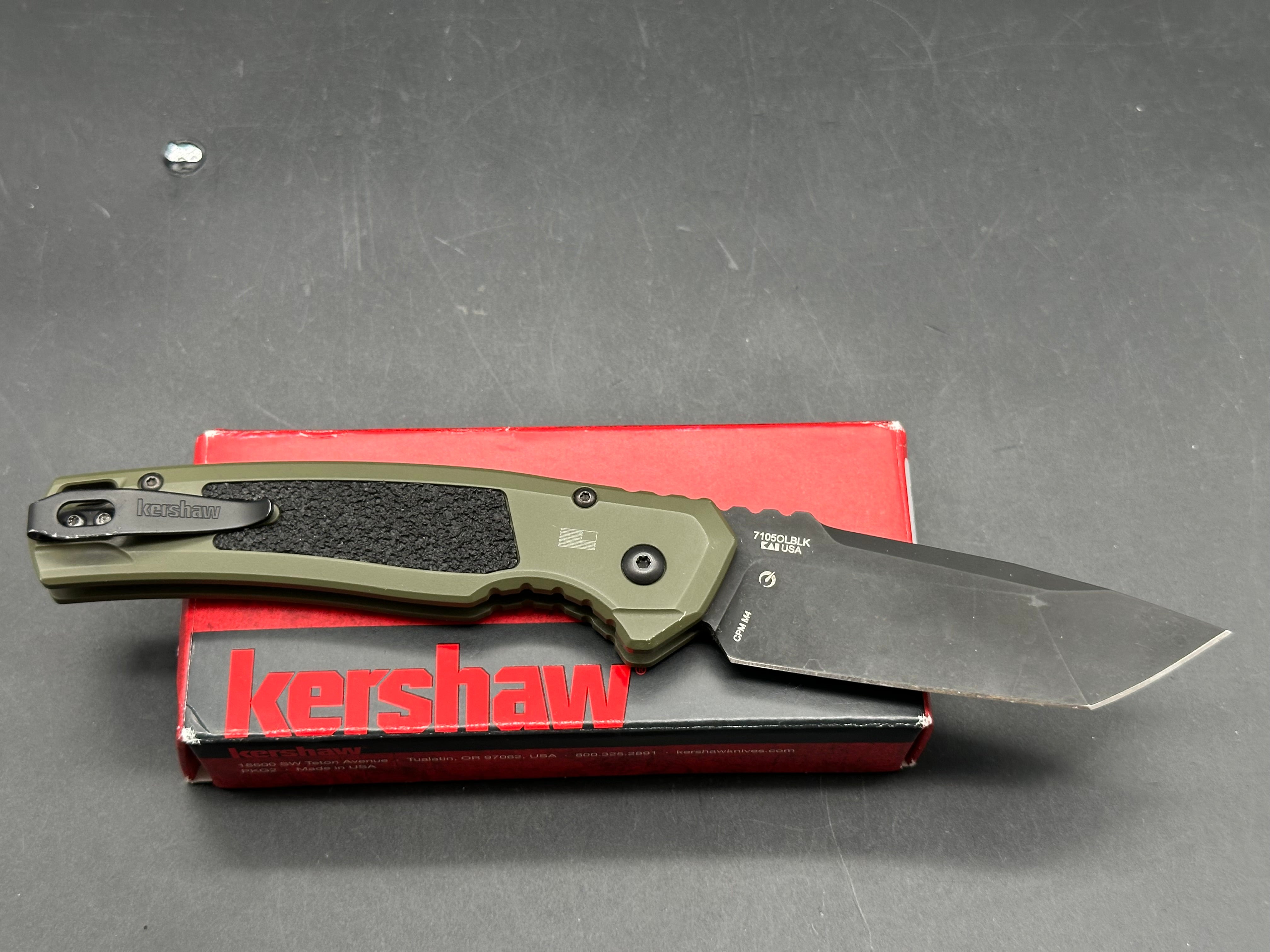 KERSHAW LAUNCH 16 SIDE OPENING AUTO KNIFE OLIVE/BLACK ALUMINUM HANDLE TANTO M4