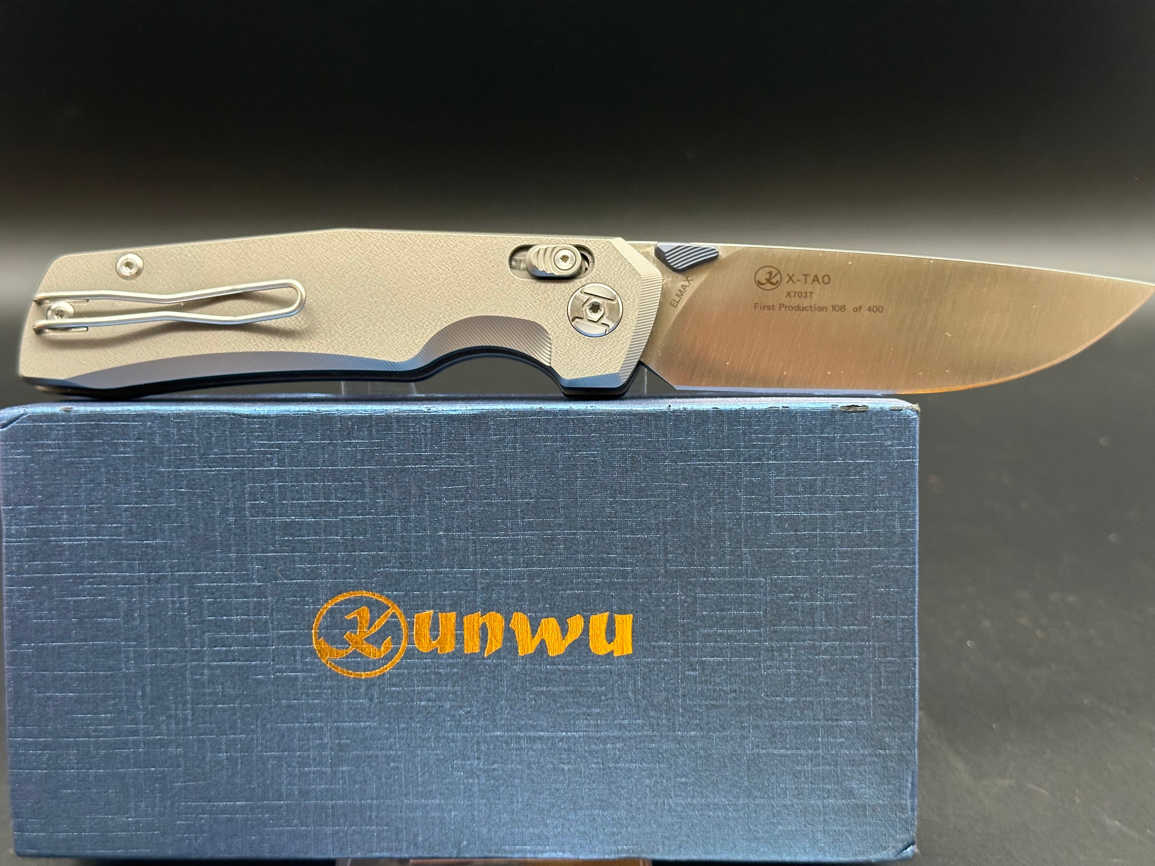 KUNWU X-TAO FOLDING KNIFE HANDLE ELMAX PLAIN EDGE SATIN FINISH